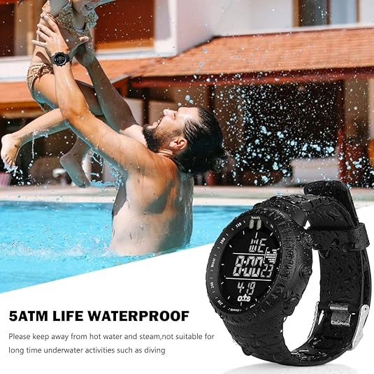 View of a robust digital watch featuring a black silicone strap, waterproof casing, and easy to read display