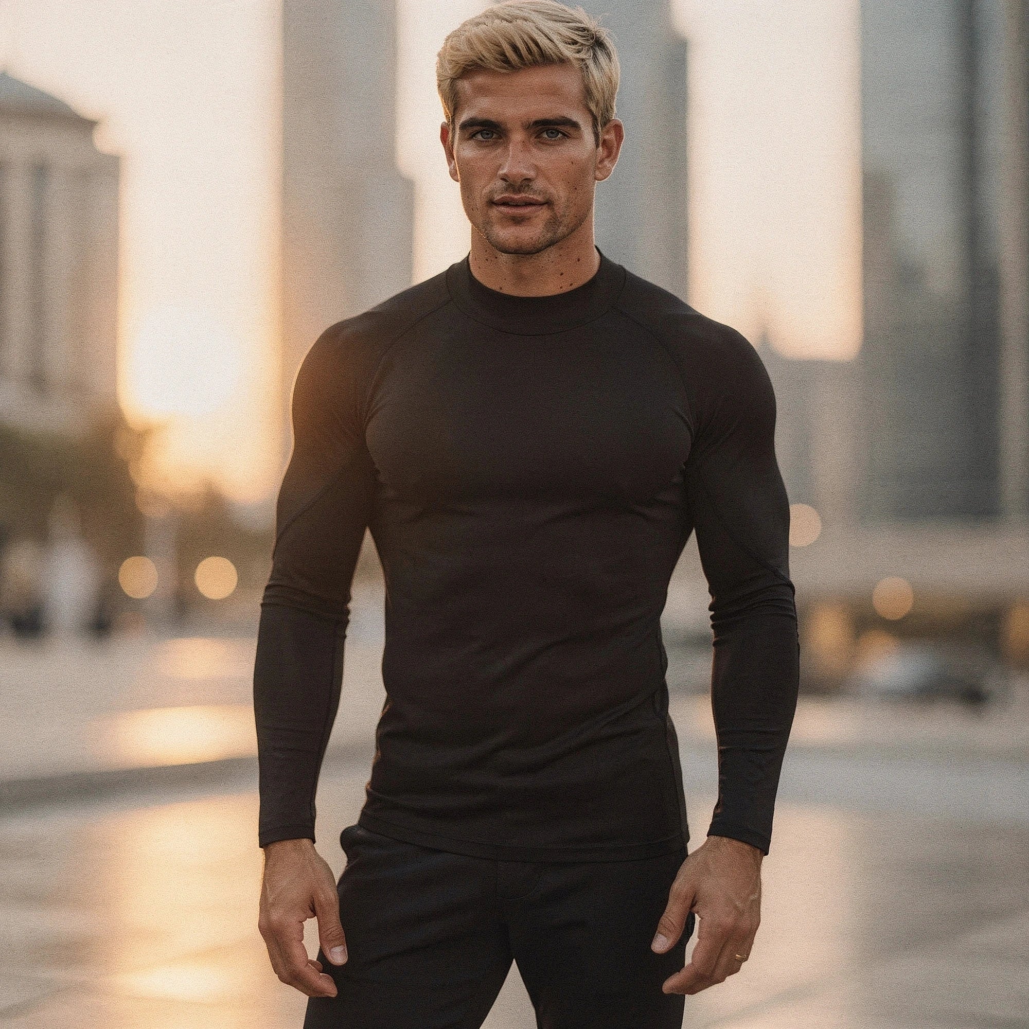 View of a black fleece backed compression winter tee featuring a snug fit and long sleeves
