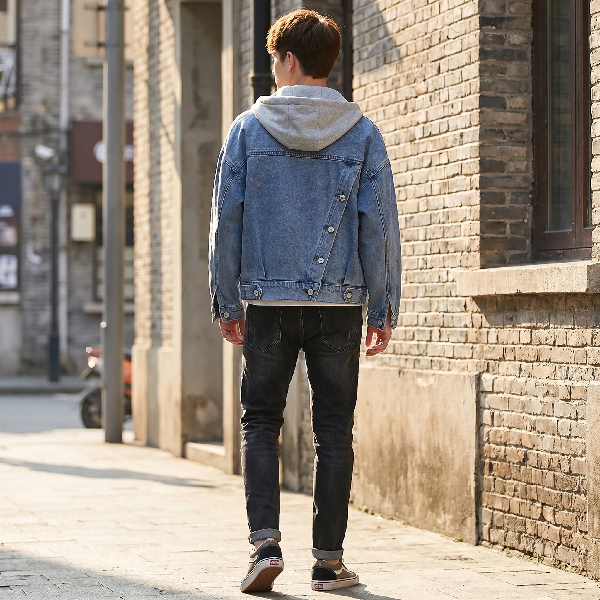 Close up of the mens casual relaxed denim jacket showing the fabric texture, stitching, and design elements against a neutral background.