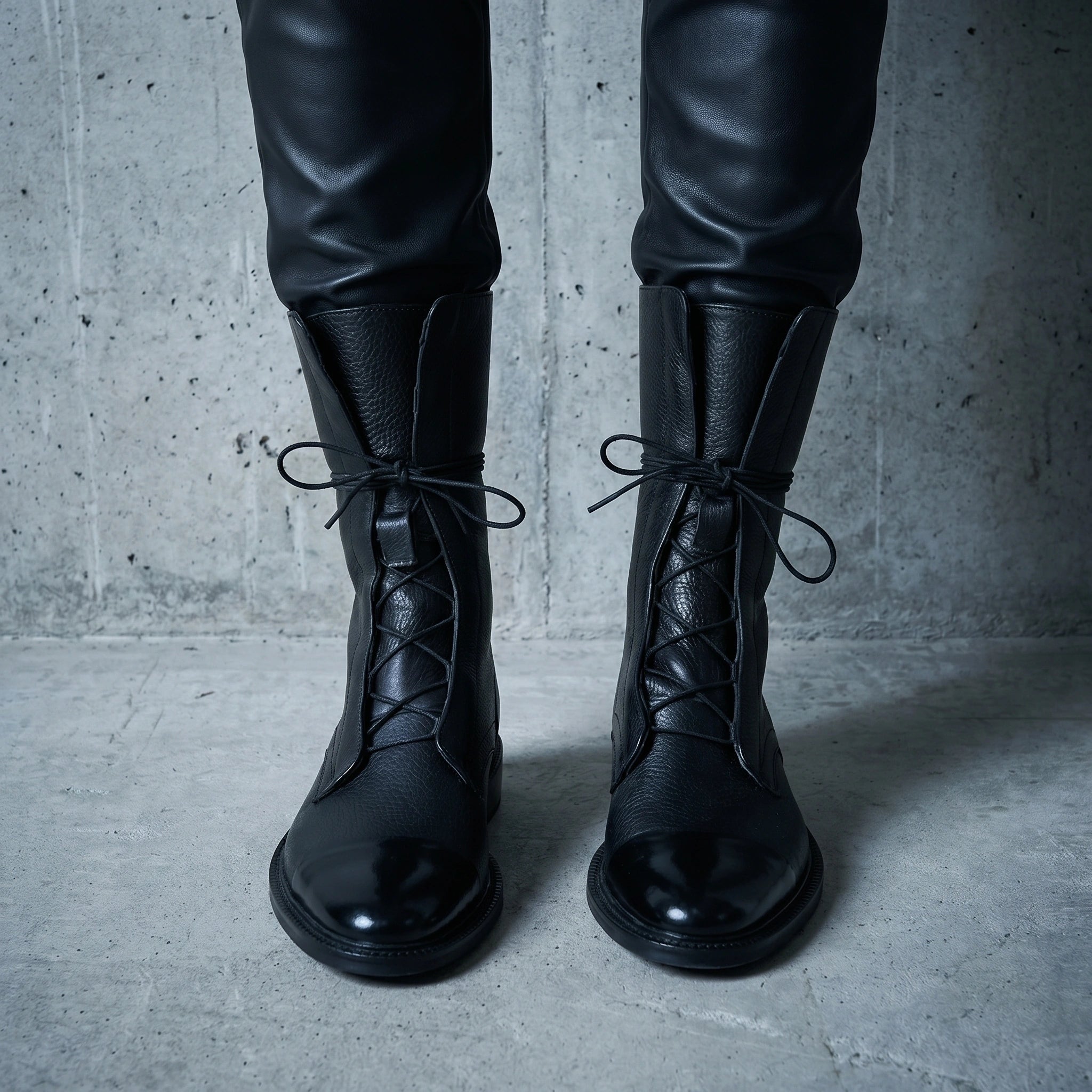 Back view of women's edgy minimalist ankle boots showing sleek black leather construction and subtle stitching details against a neutral background.