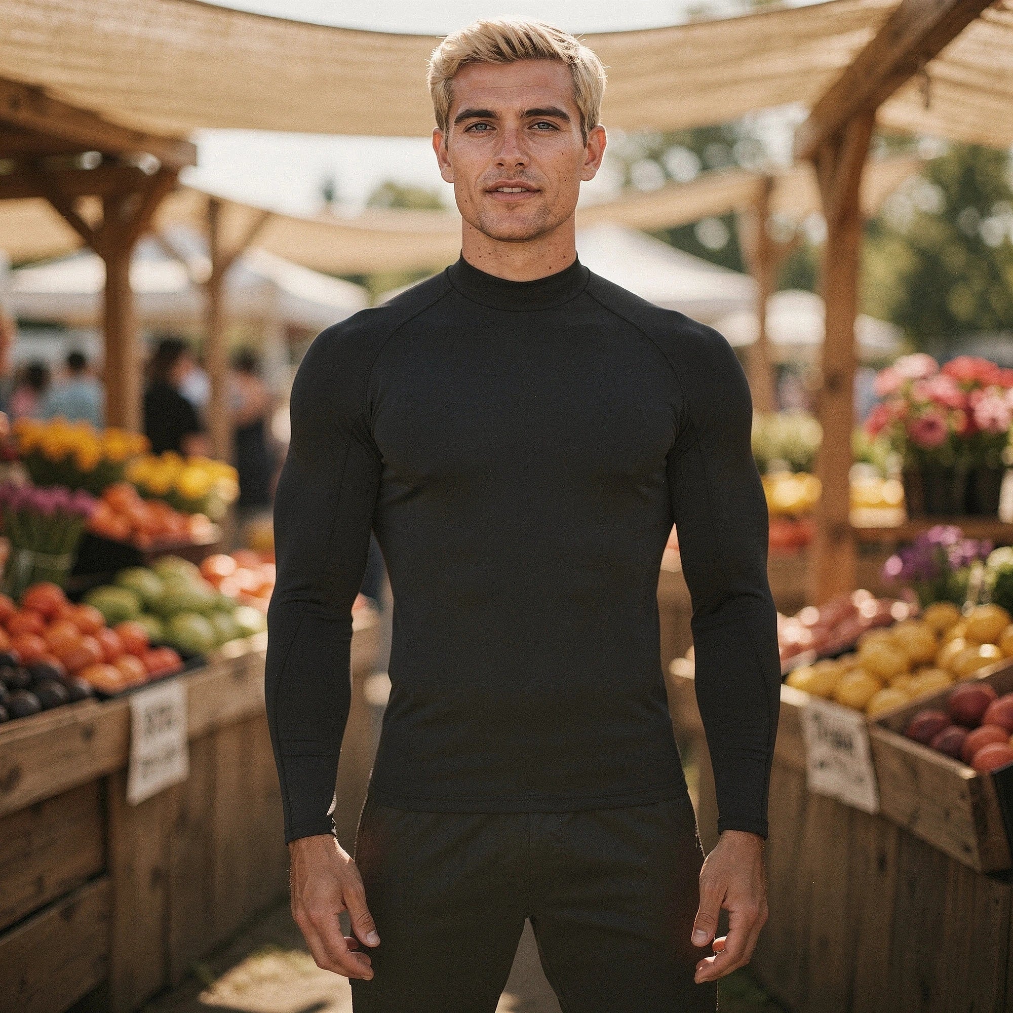 View of a men's fleece backed compression winter tee in dark gray, showcasing the soft material and fitted design