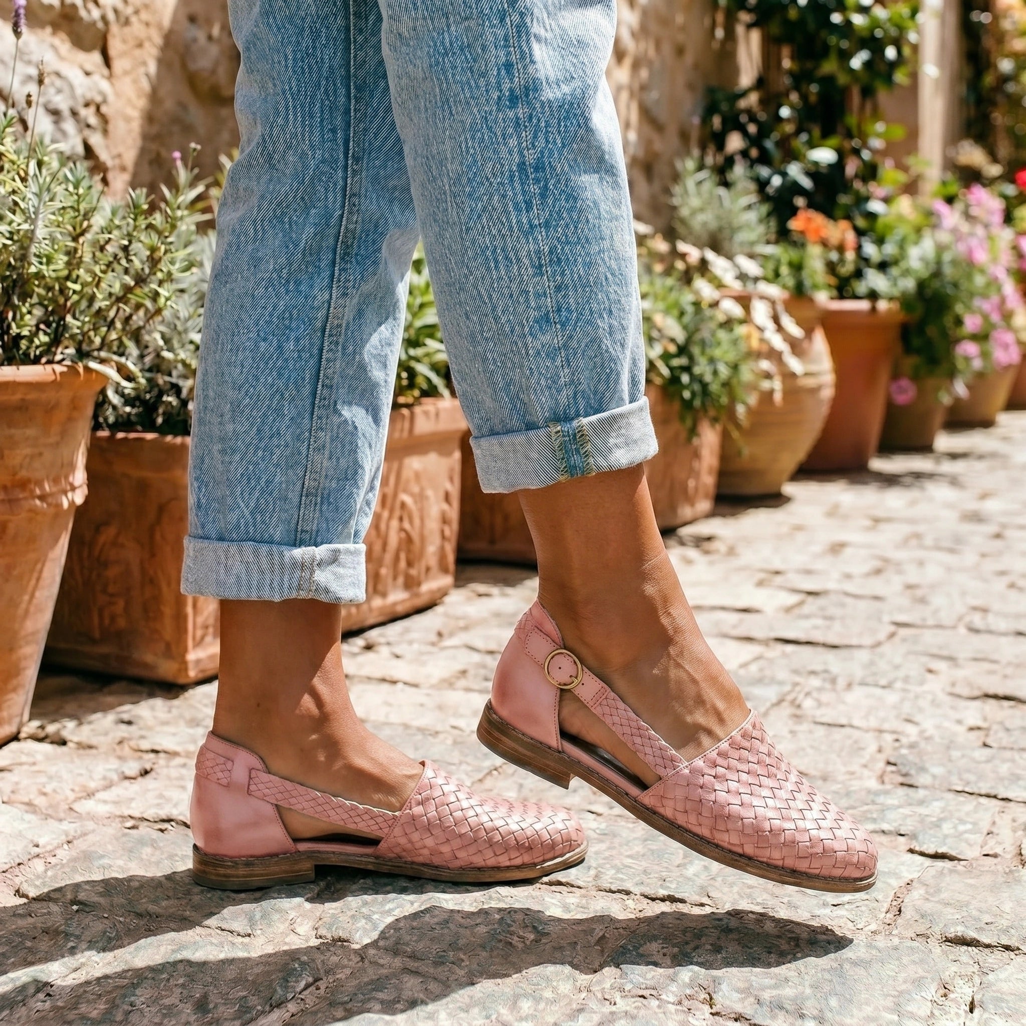 Close up view of the Charlotte women's supportive orthopedic sandals showing the intricate stitching and soft fabric, showing their design and comfort features.