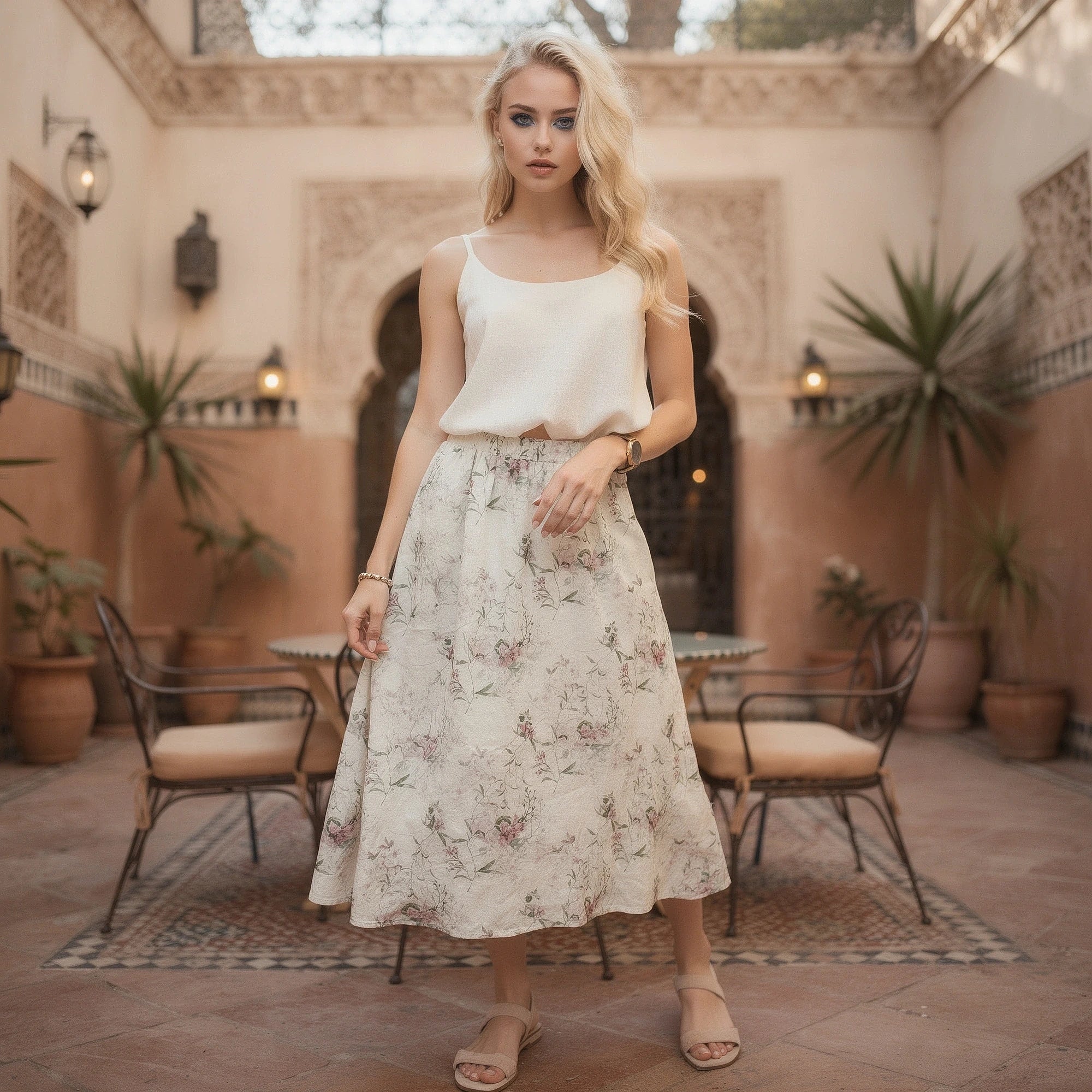 Flowy elegant summer midi skirt in soft pastel pink, featuring a view that highlights its lightweight fabric and graceful silhouette
