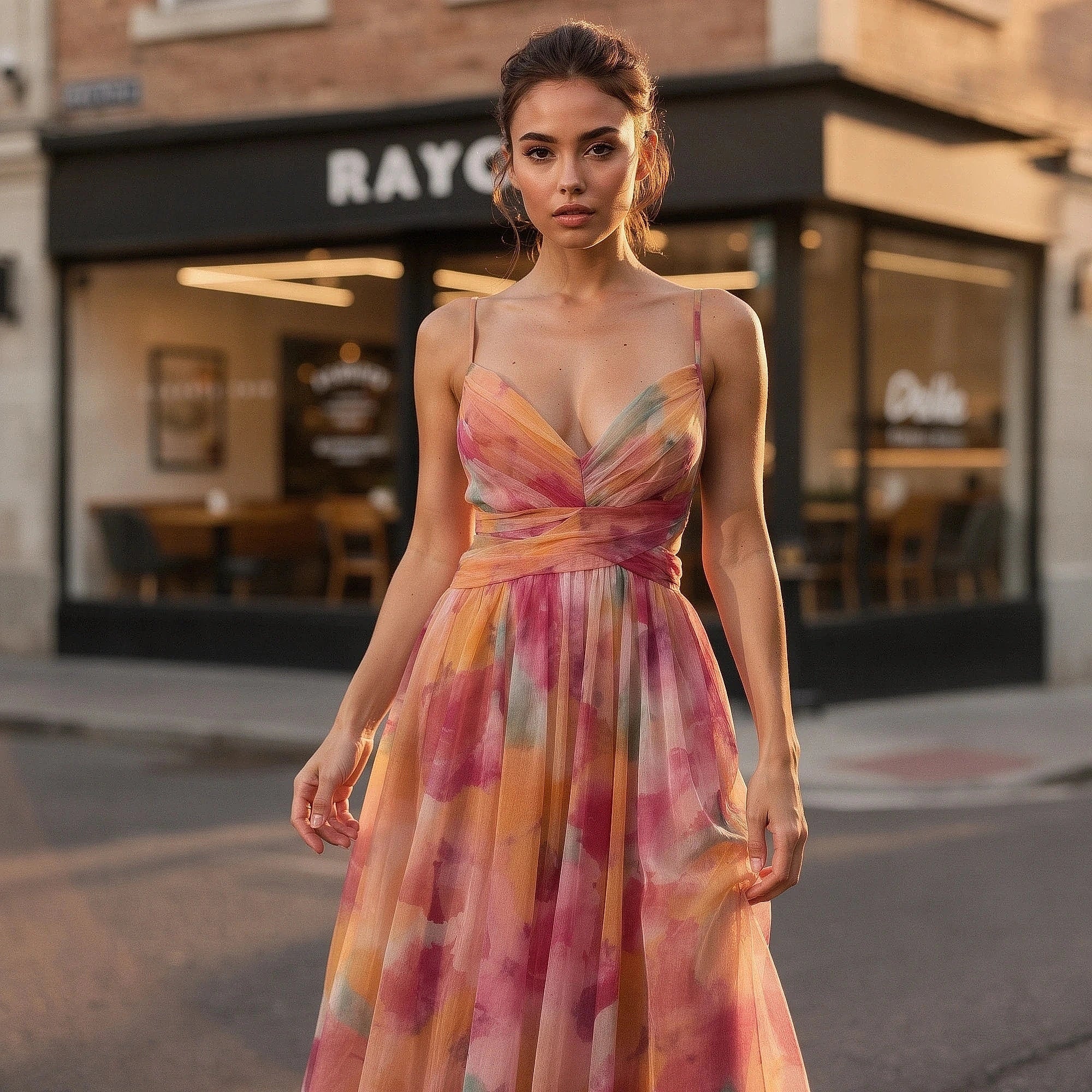 View of a relaxed floral maxi dress featuring adjustable straps, with a vibrant floral pattern on a soft fabric