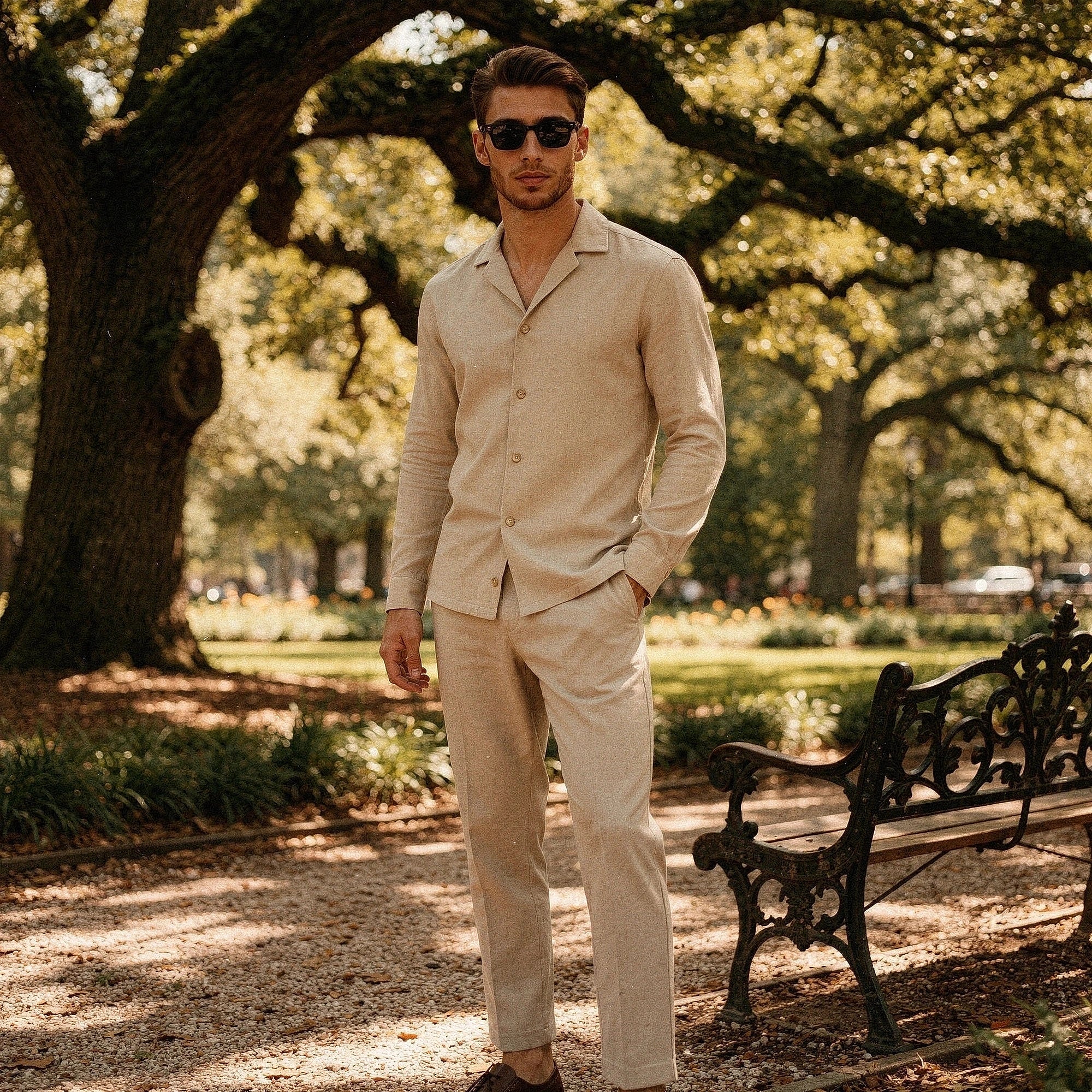 Lightweight linen shirt in light beige with a concealed button placket, view showcasing relaxed fit and breathable fabric