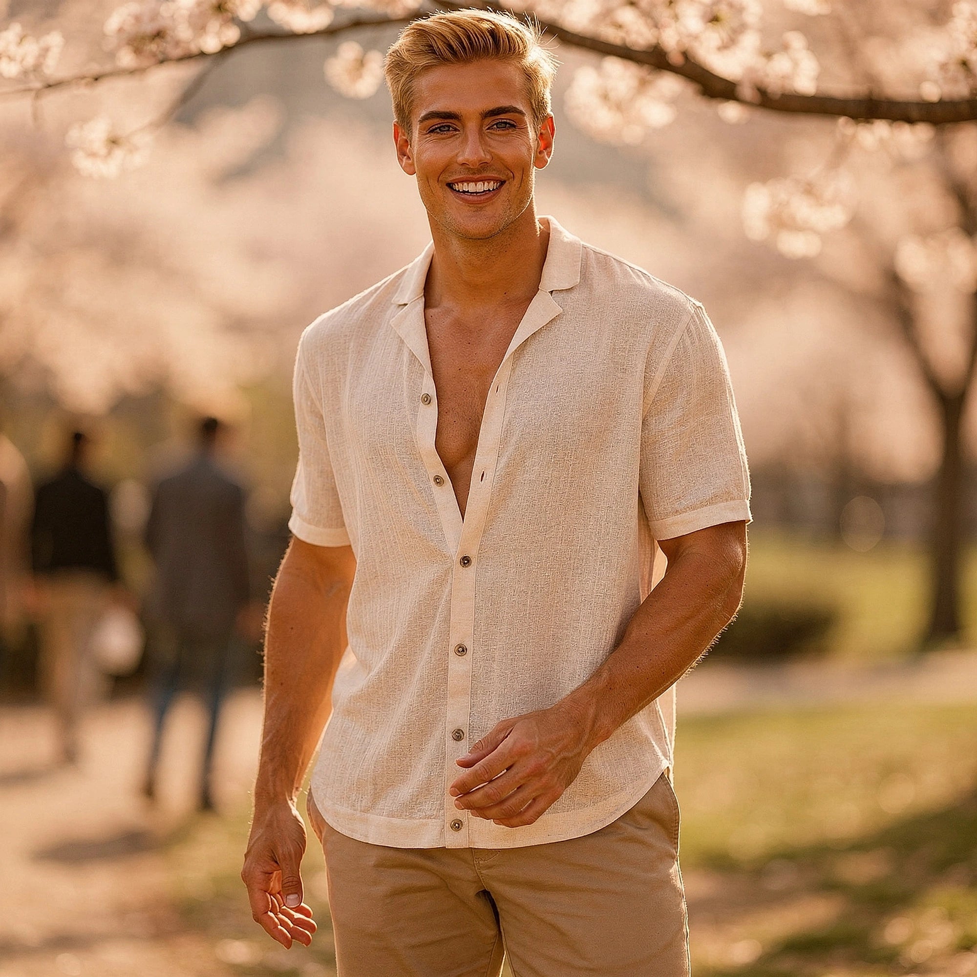 Light blue short sleeve button shirt made of cotton, featuring a relaxed fit and subtle texture, view