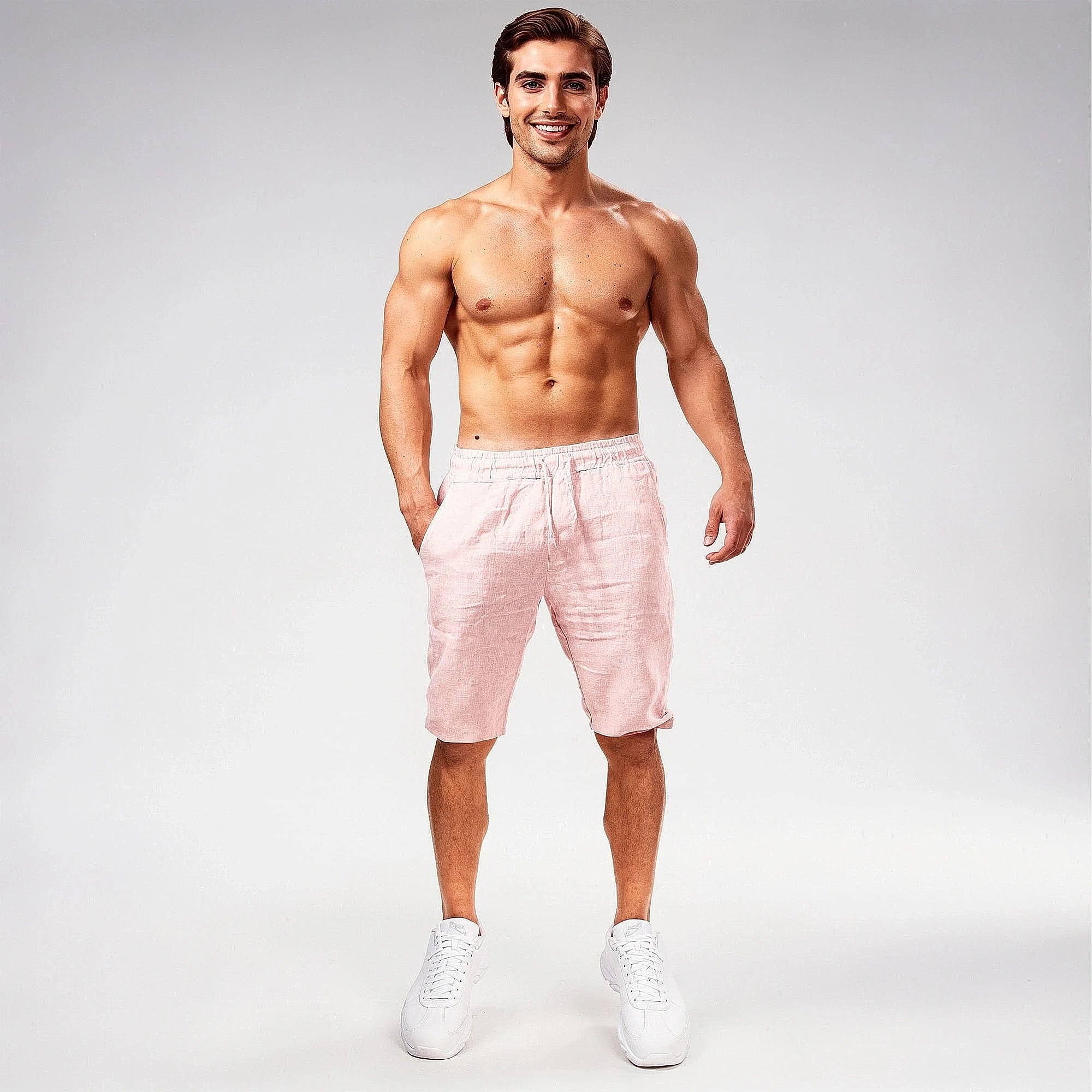 View of relaxed fit men's casual shorts in light gray, made