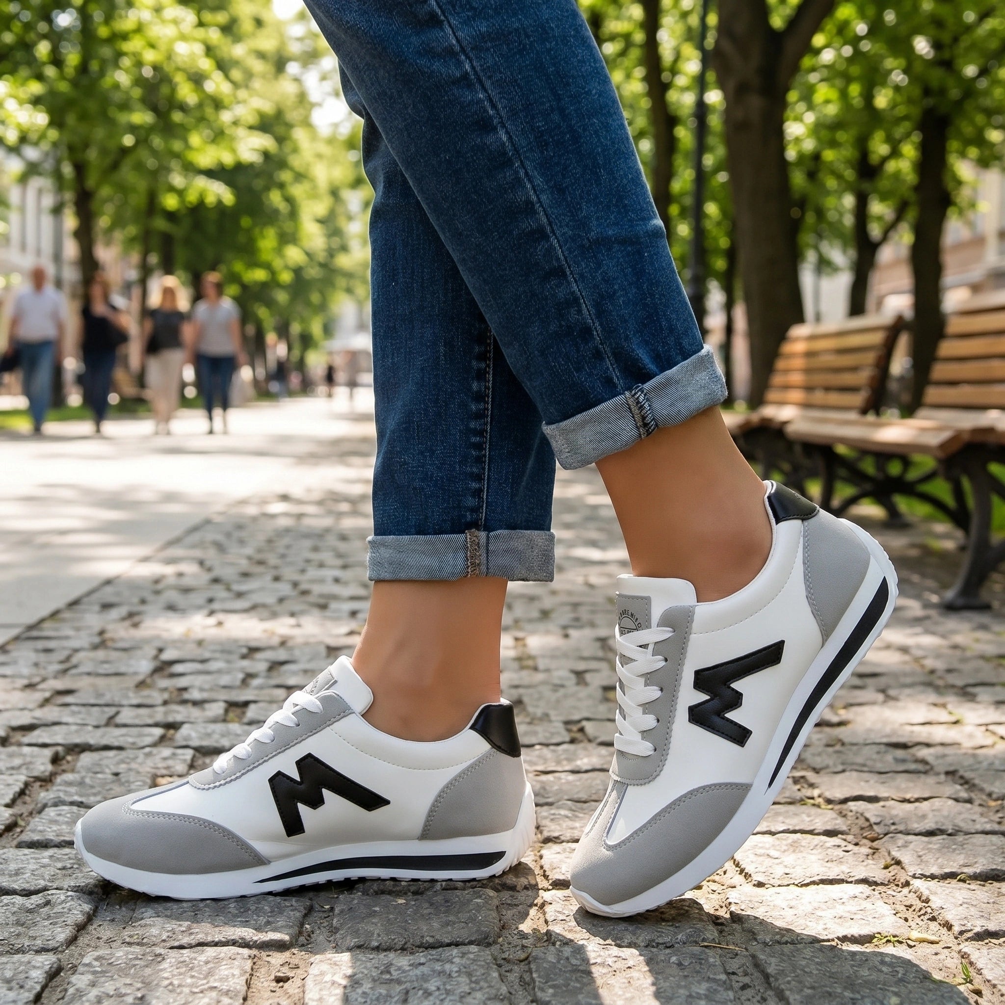 Back view of women's versatile breathable casual sneakers showing the sleek design, construction details, and color against a neutral outdoor backdrop.