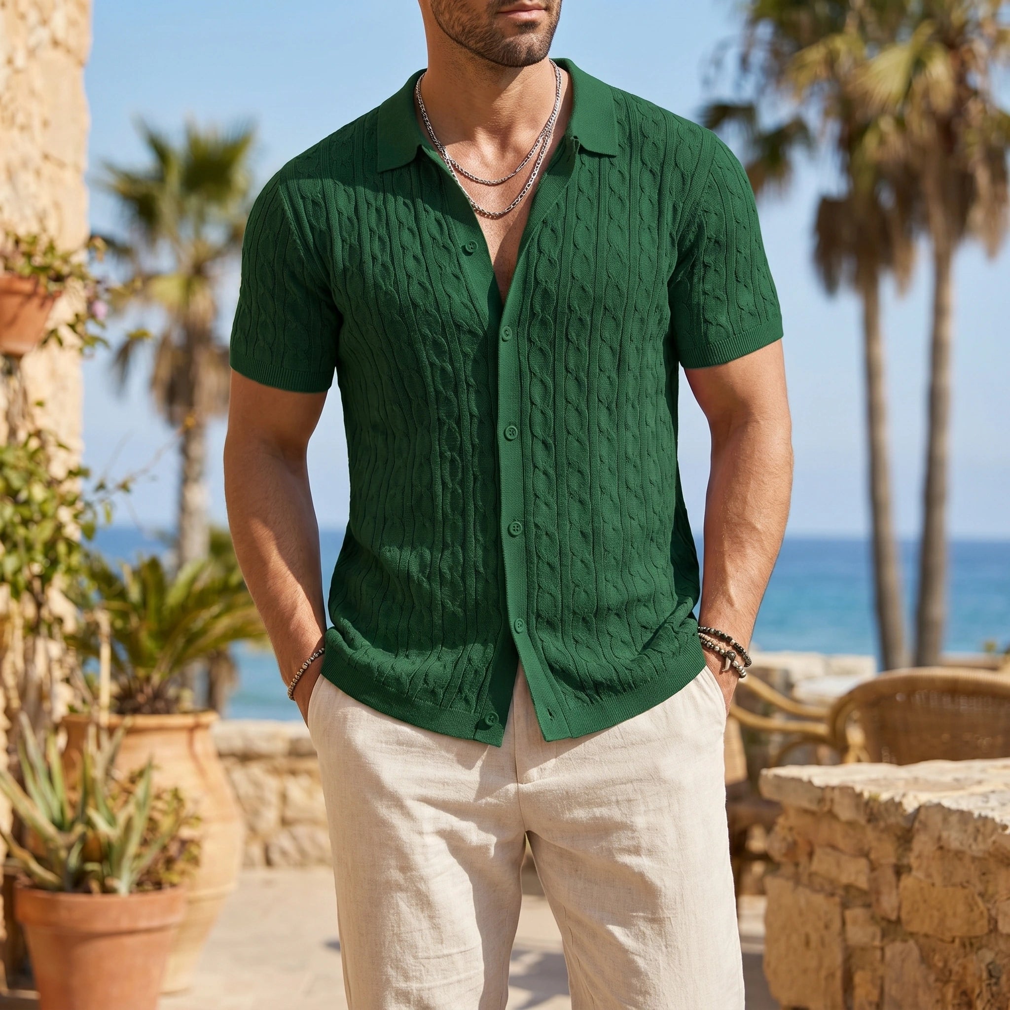 Close up view of the mens textured lightweight casual shirt showing intricate stitching and fabric , ideal for both business and casual settings.