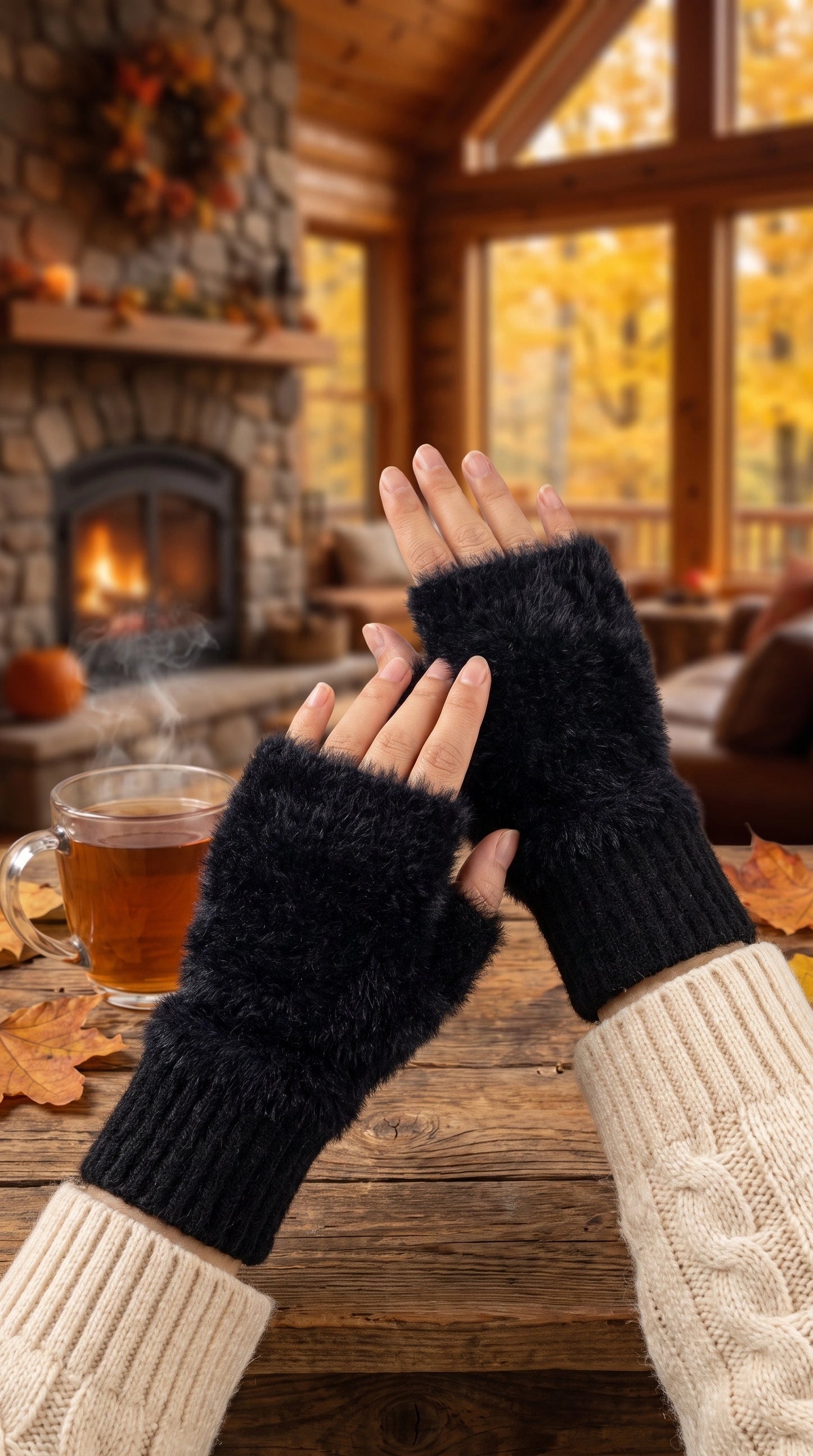 Close up of the Womens Cozy Protective Autumn Gloves showing the soft fabric, intricate stitching, and design, perfect for chilly weather.