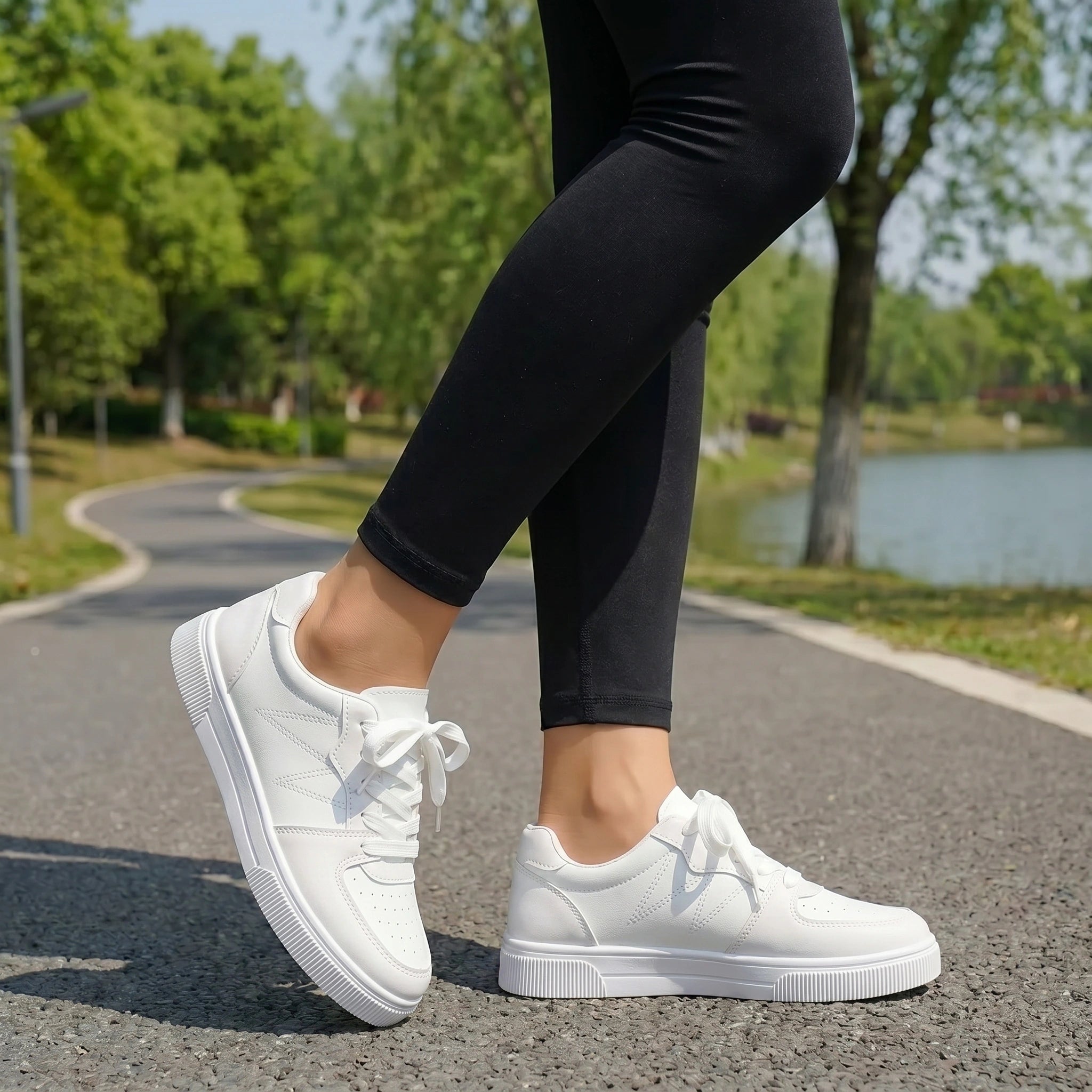 Back view of a model wearing Womens Breathable Light Sport Sneakers in a sleek black design, showing the construction details against a neutral background.