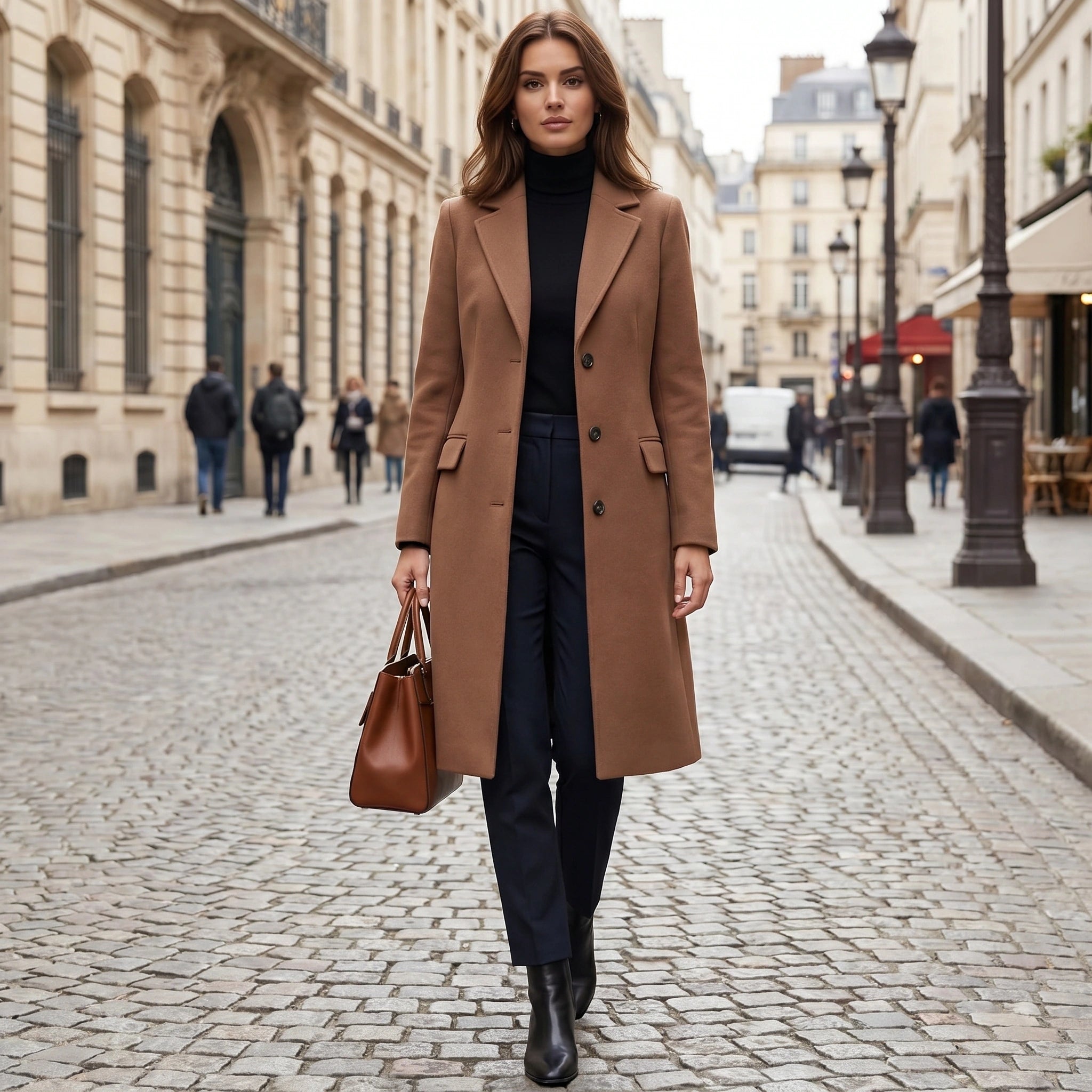 Close up of the Women's Structured Coat showing the luxurious fabric and precise stitching, showing its sophisticated design for winter elegance.
