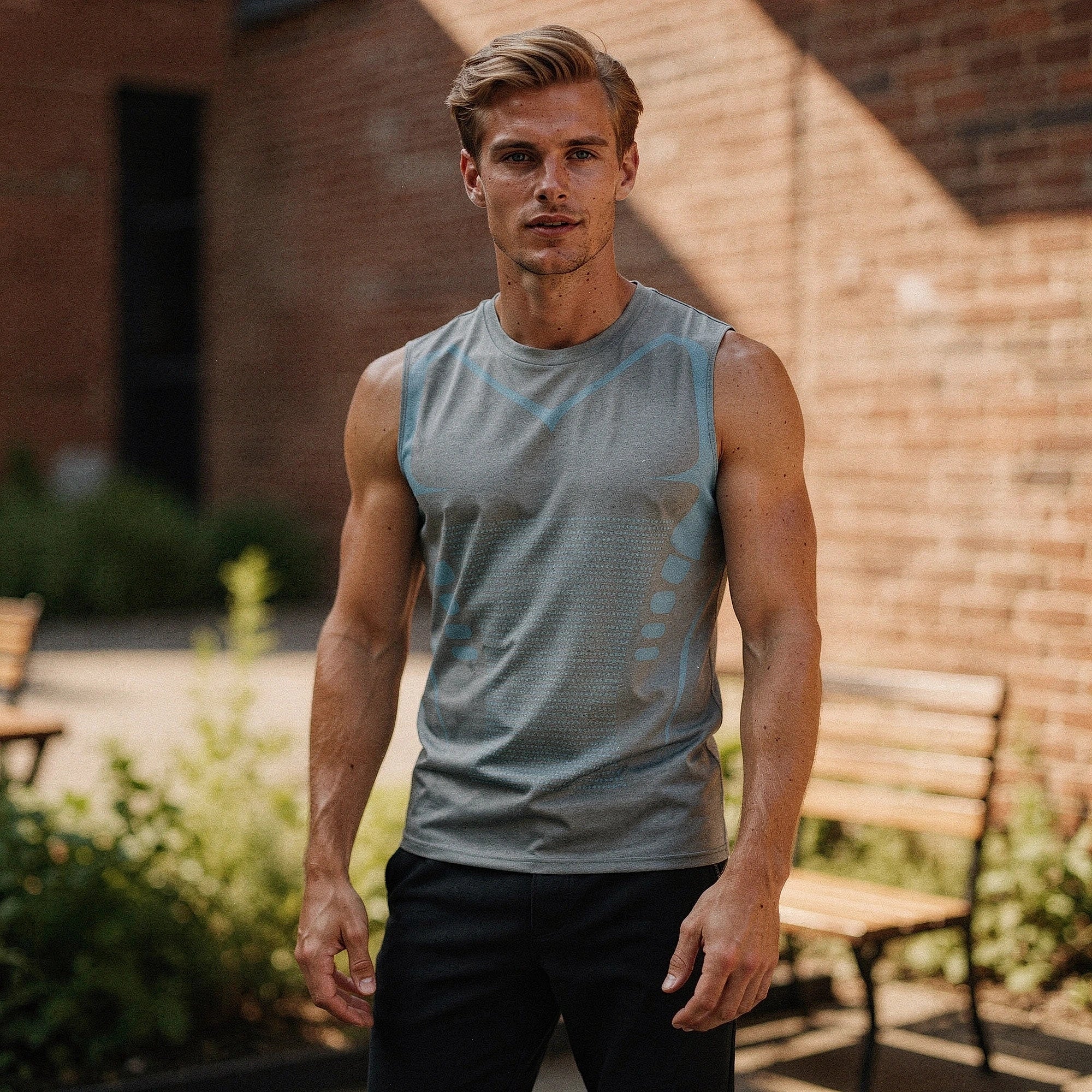 View of a sleek black athletic tank top made from quick dry fabric, featuring a rounded neckline and minimalist design