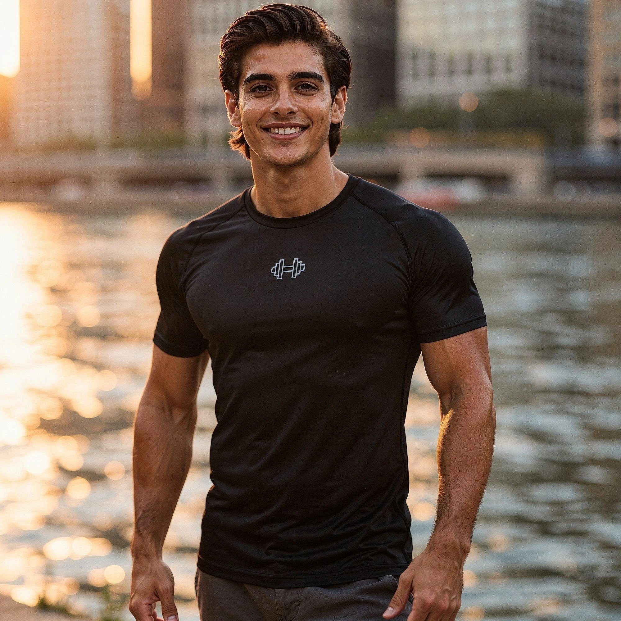 View of a gray athletic gym tee featuring reflective elastic trim and moisture wicking fabric
