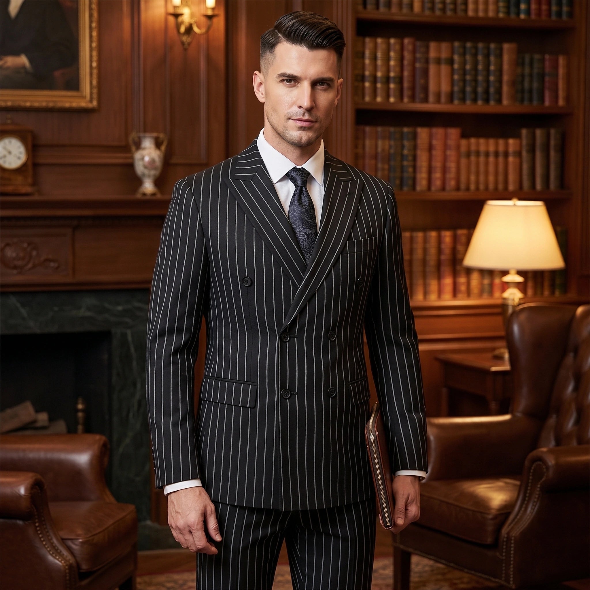 A model showcases a mens tailored sophisticated suit in a classic navy color, styled with a crisp white shirt against a neutral background.