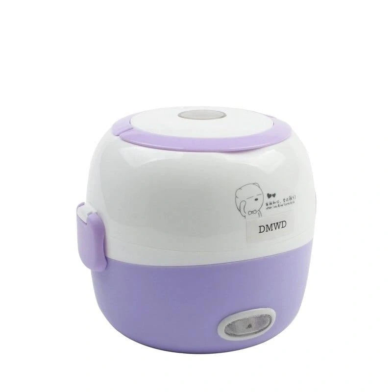 View of a stylish portable electric lunch box steamer in sleek gray, featuring a compact design and steam vent