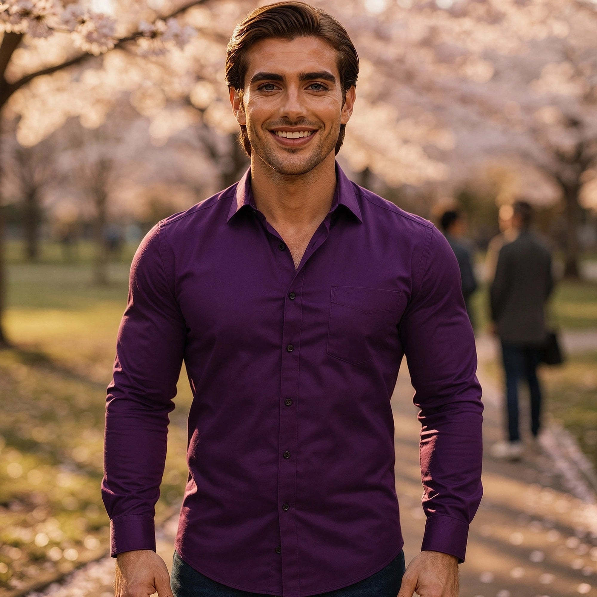 View of a tailored modern everyday shirt in light blue, featuring a crisp collar and subtle texture