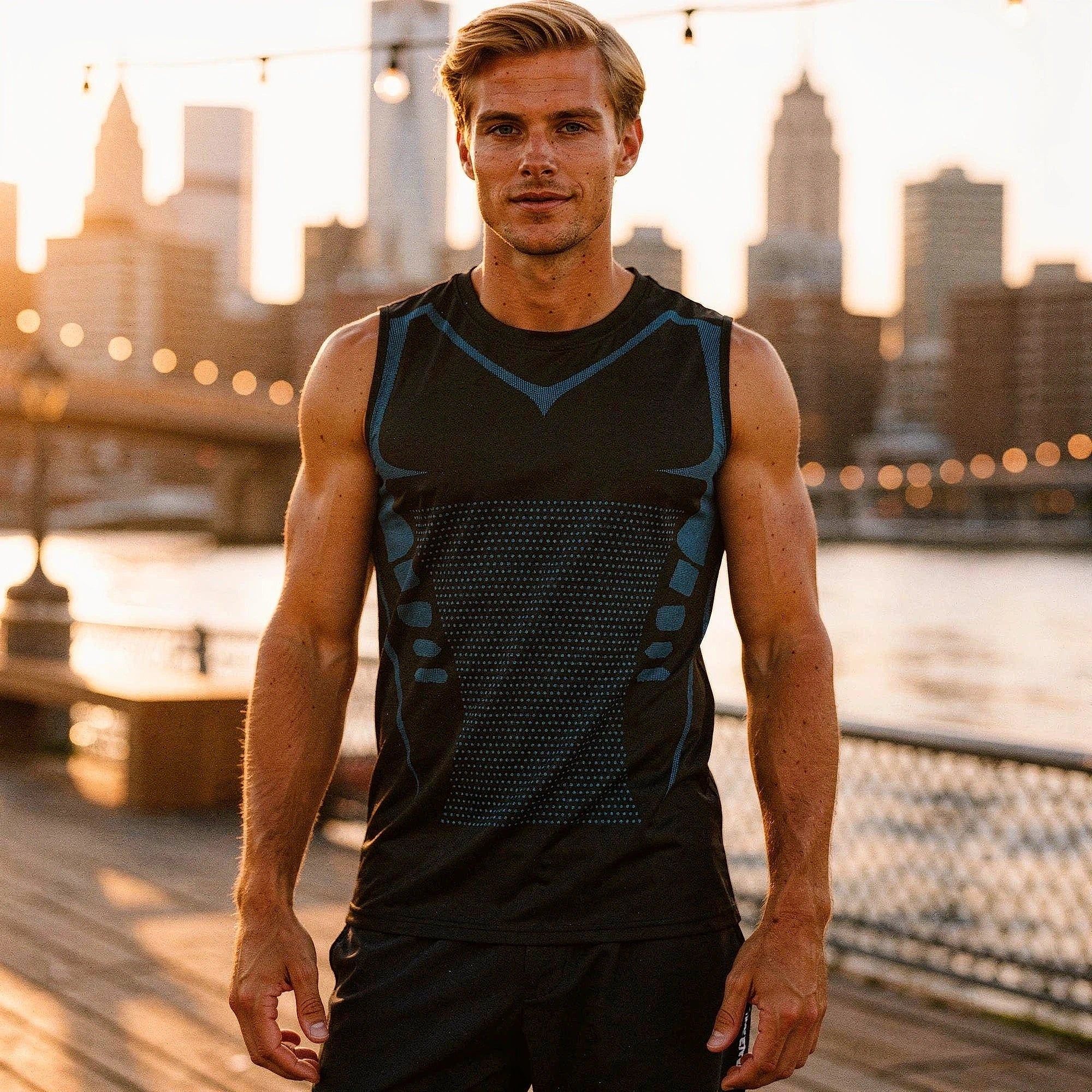 View of a sleek black athletic tank top made from quick dry material, showcasing a smooth finish and minimalist design