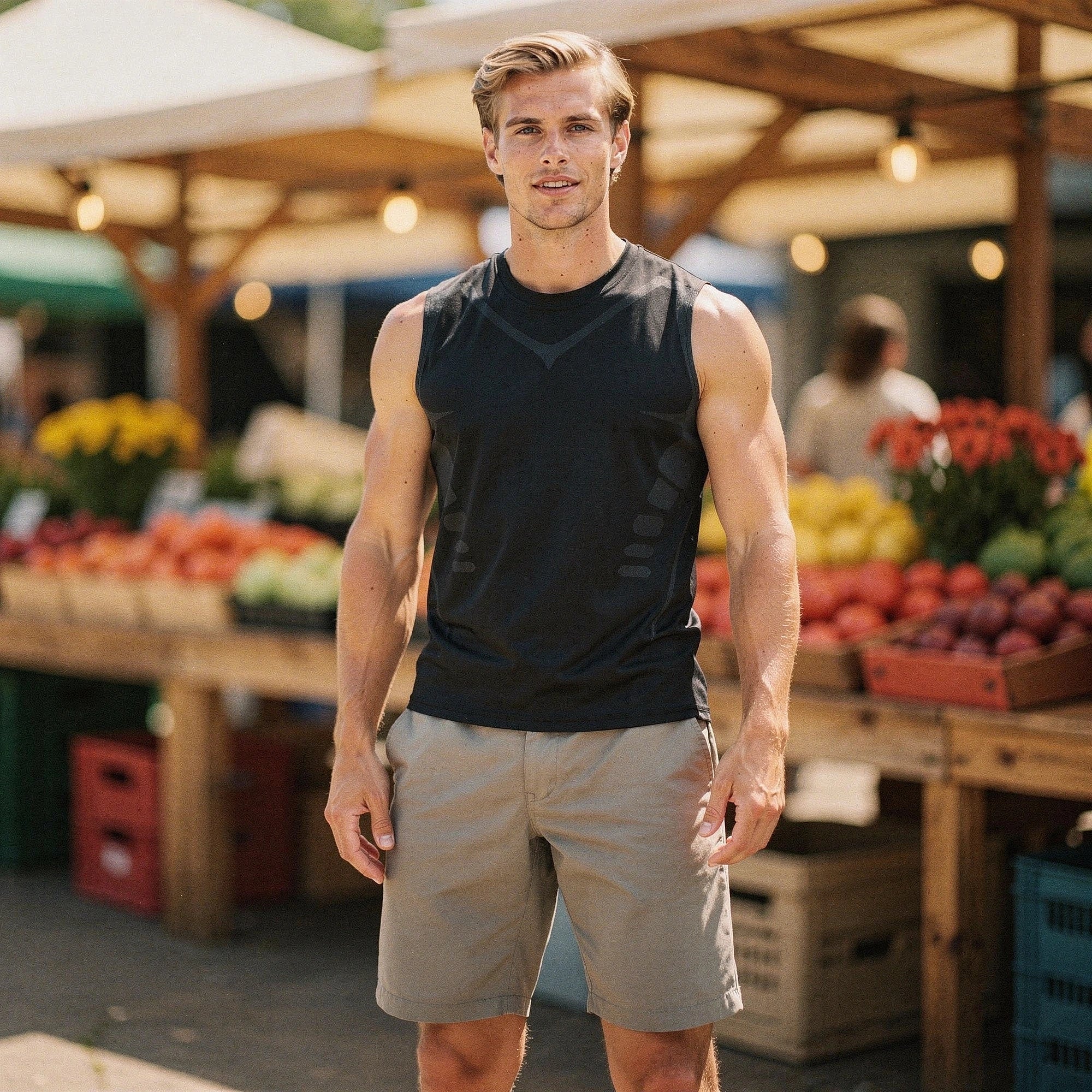 View of a sleek black athletic tank top made from quick dry material, showcasing a round neckline and sleeveless design