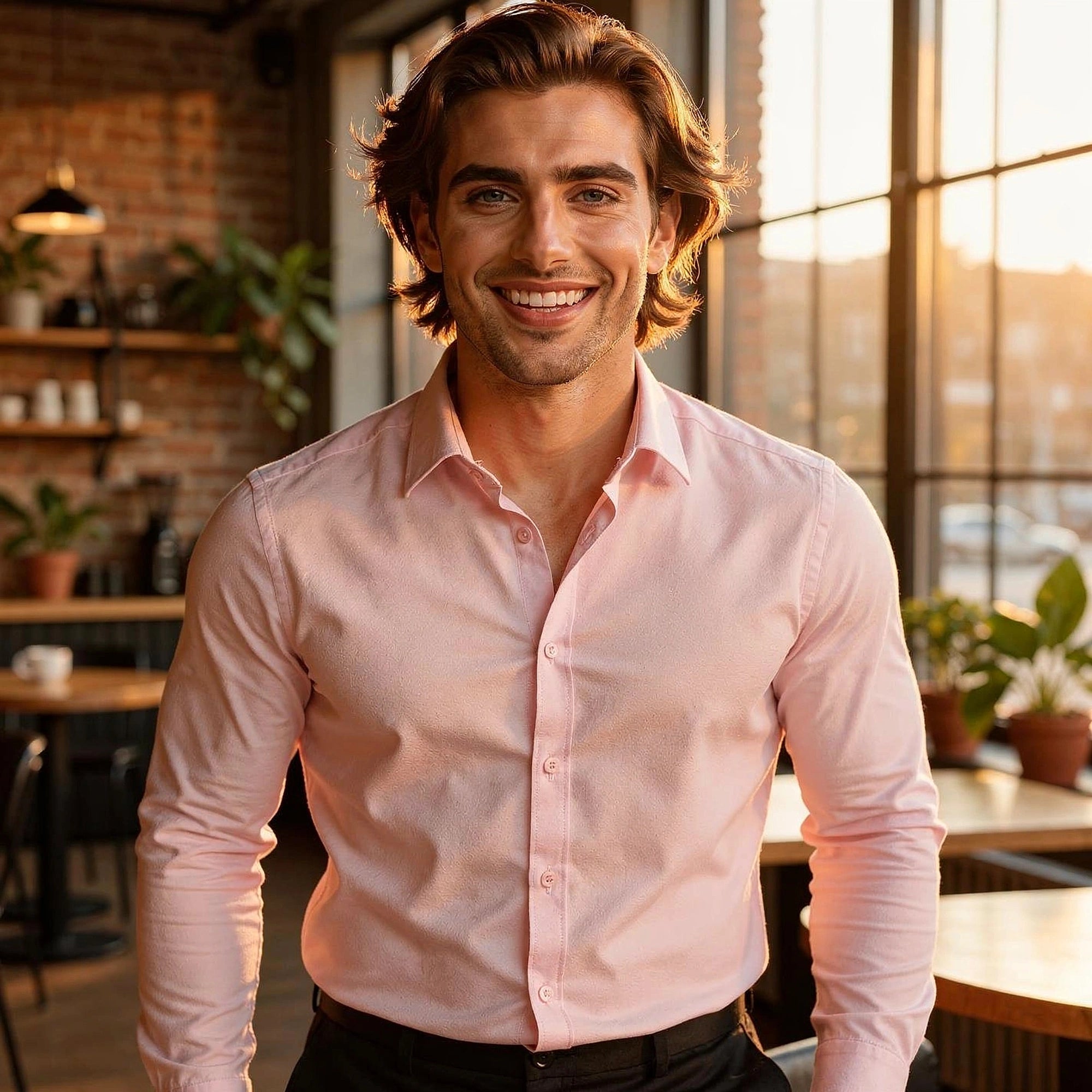 View of a light blue tailored shirt made from soft cotton, featuring a button down collar and subtle stitching