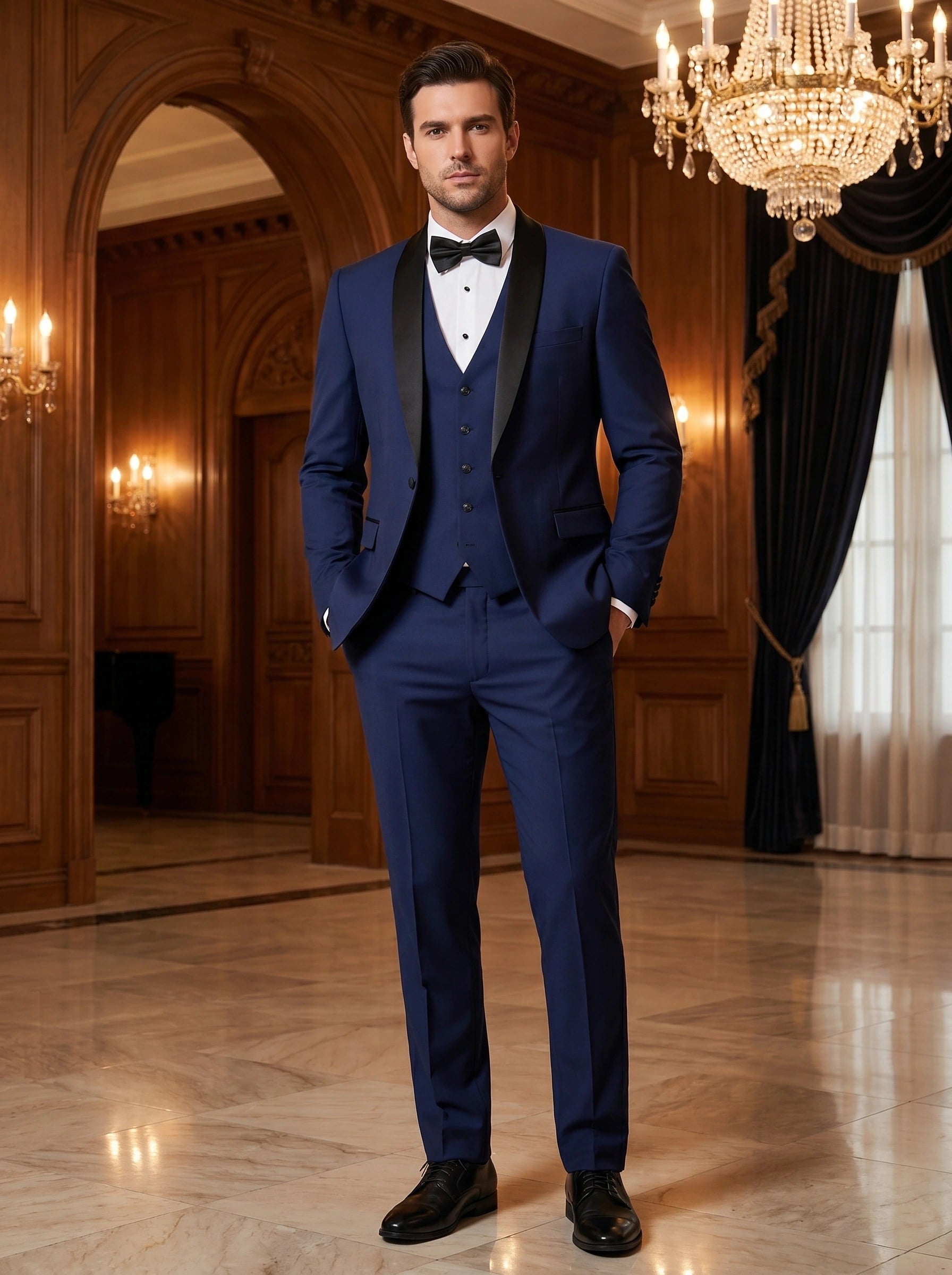 Close up view of the men's tailored formal suit set showing fine fabric texture, precise stitching, and sophisticated design details against a neutral background.