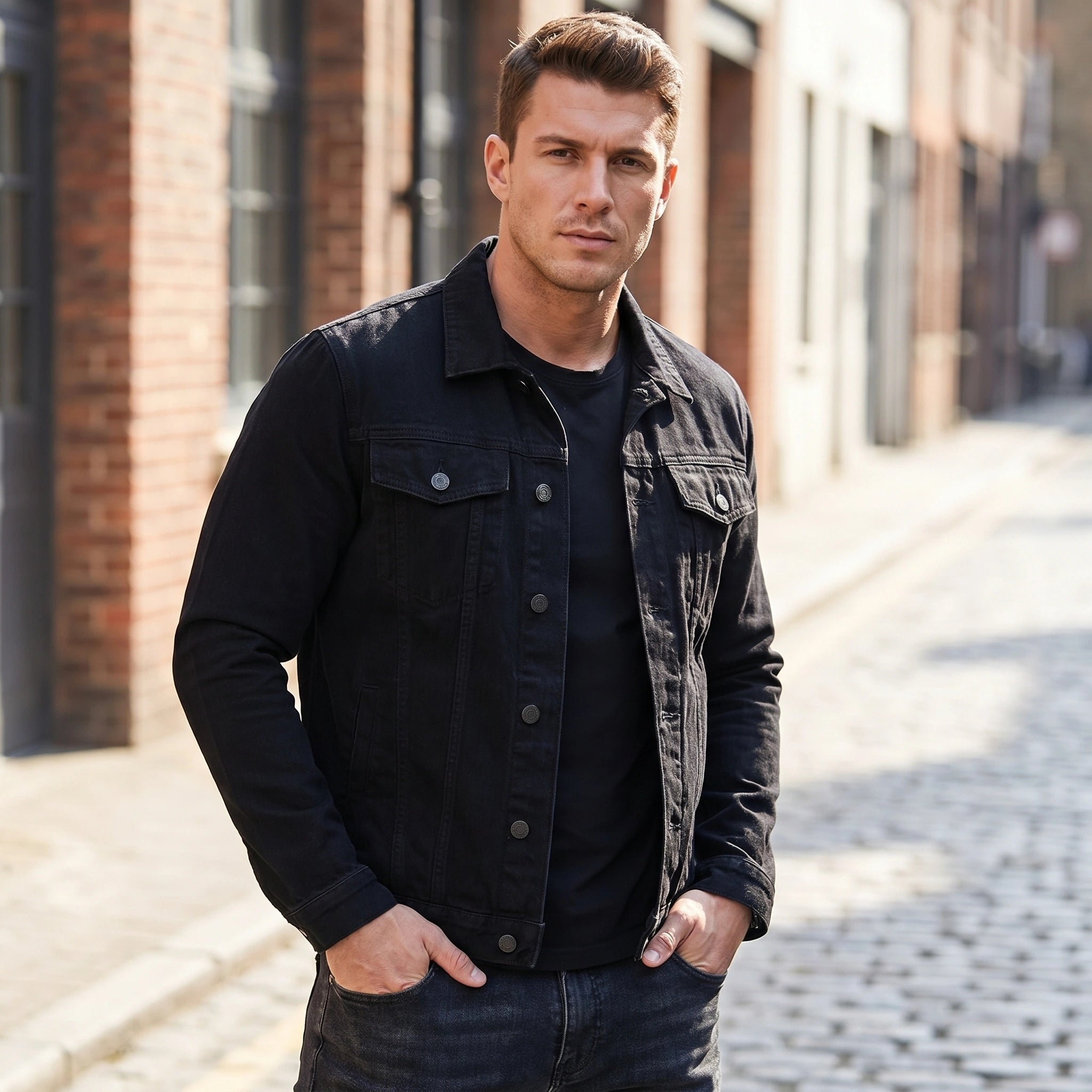 Close up view of the mens classic tailored denim jacket showing intricate stitching and high quality fabric texture against a neutral background.