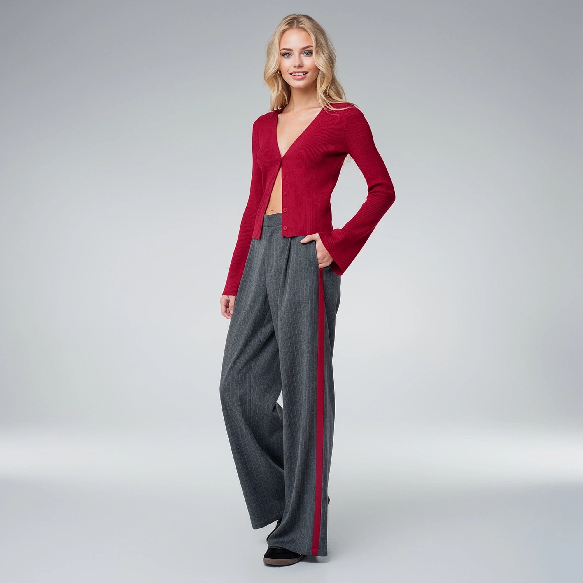 View of high waist trousers in a trendy beige fabric, featuring a tailored fit and sleek silhouette