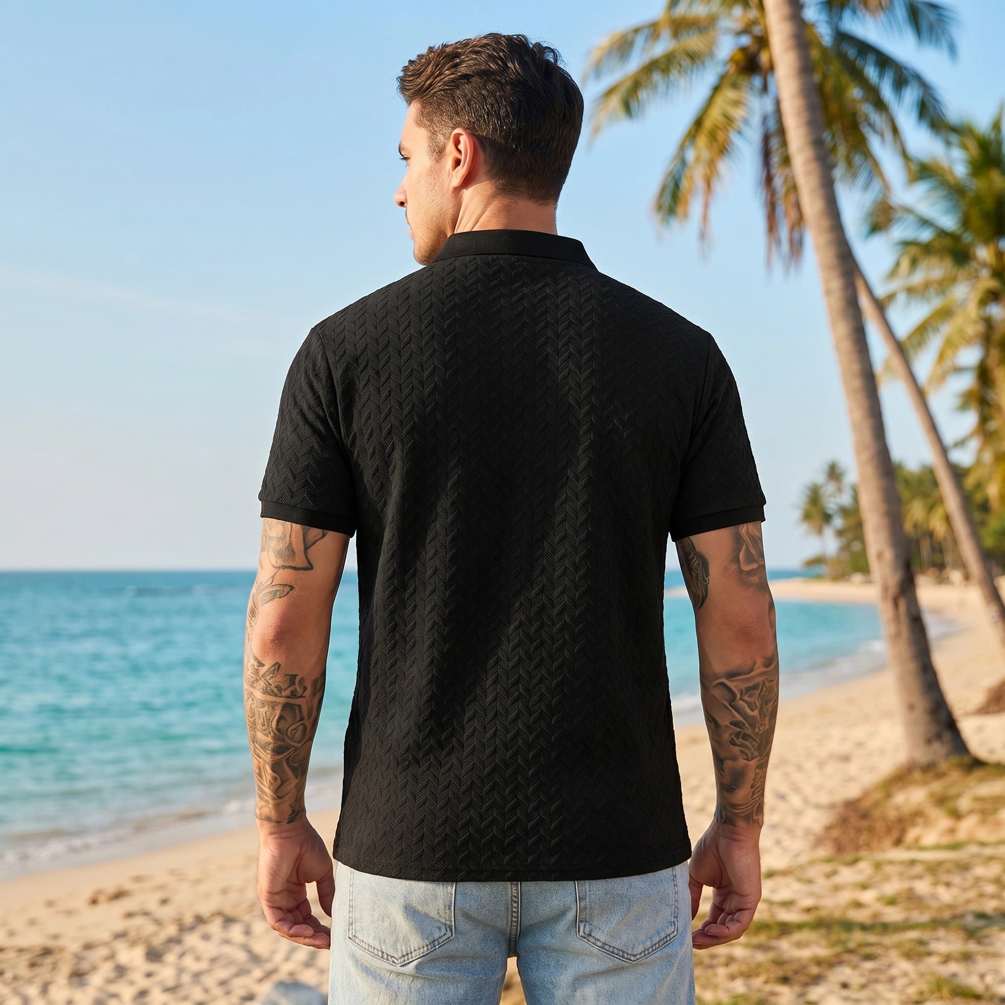 Close up view of the breathable fabric and precise stitching of the men's solid summer polo shirt, showing its quality and attention to .
