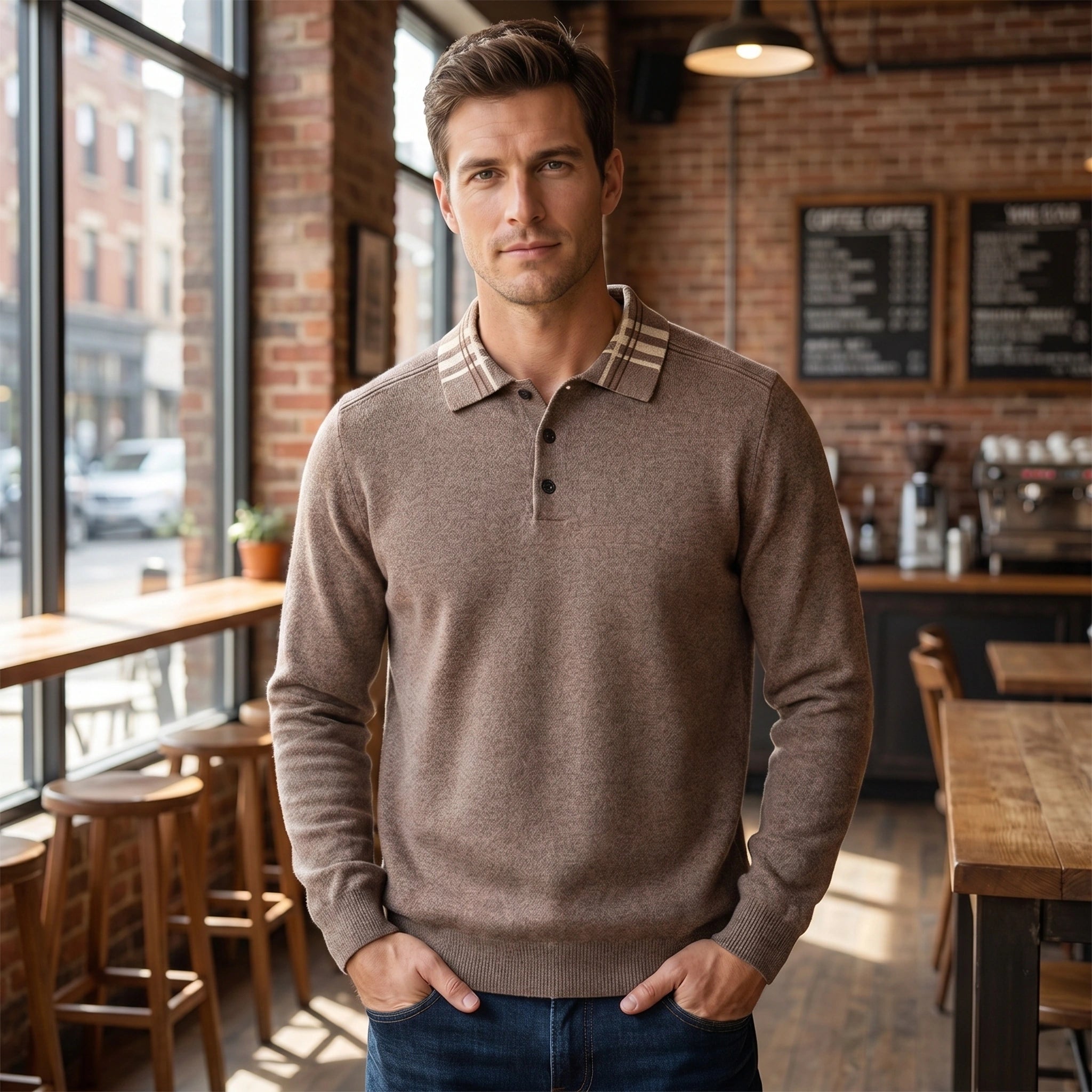 Close up view of the Men's Classic Button Polo Sweater showing fine knit texture, detailed stitching, and a sophisticated color palette against a neutral background.
