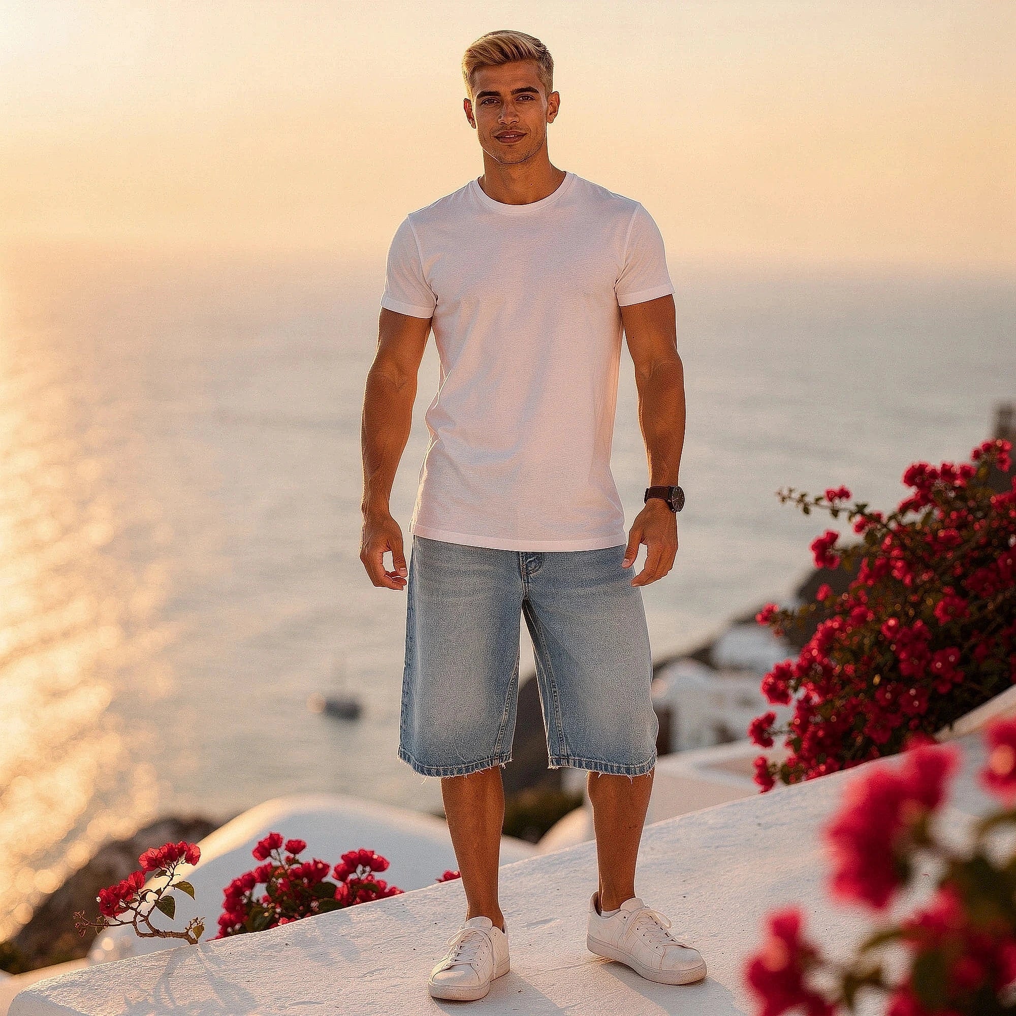 View of casual loose fit denim jorts in light blue, featuring a relaxed silhouette and classic five pocket design
