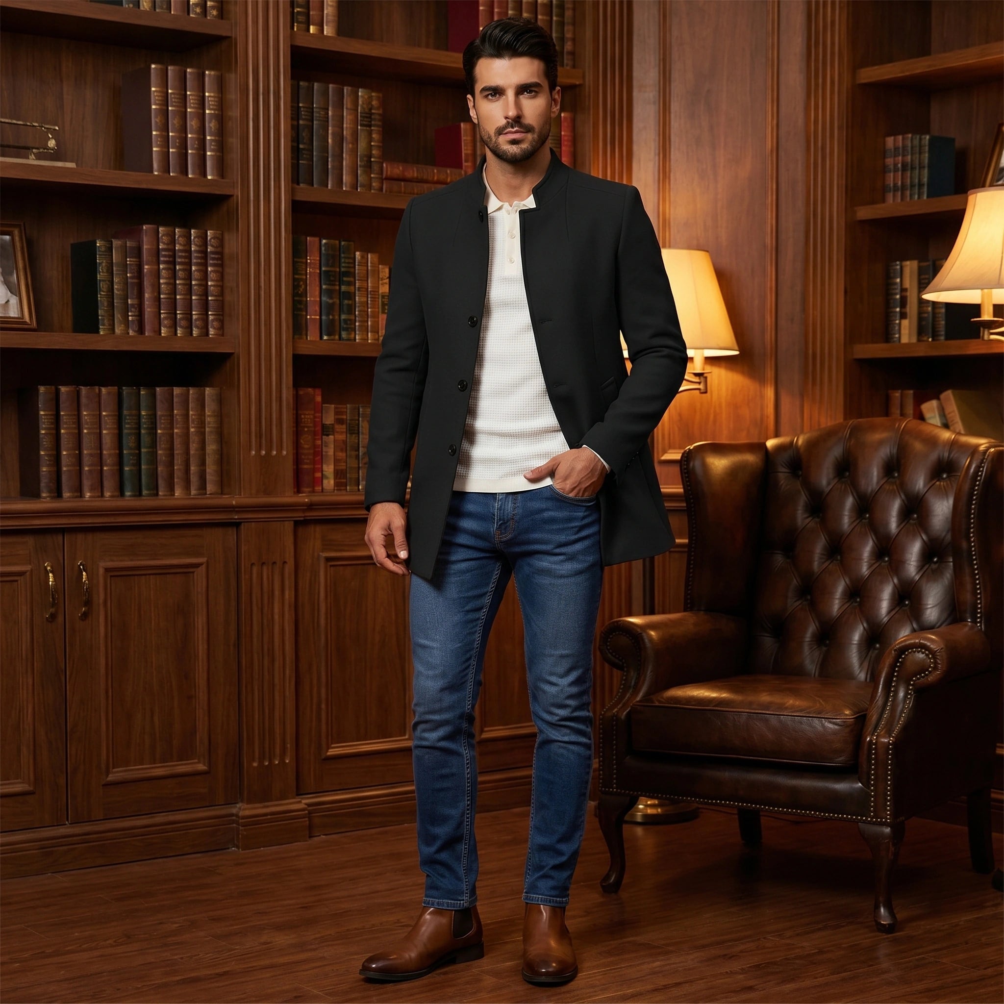 Close up showing the textured fabric and meticulous stitching details of the Mens Sophisticated Slim Fit Jacket in a rich navy color.