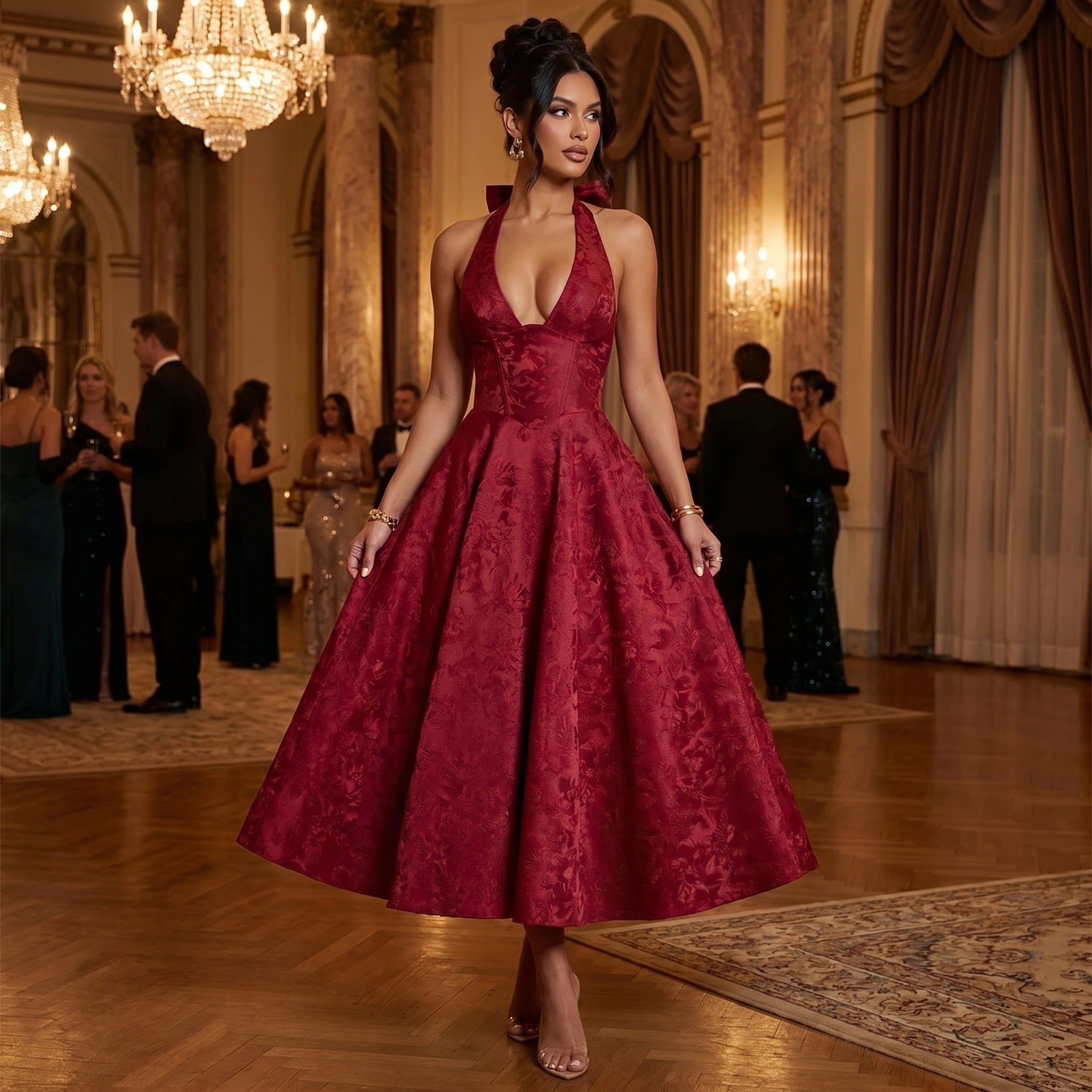 Close up view of the Womens Flare Evening Dress showing intricate stitching and luxurious fabric texture, perfect for formal and party occasions.