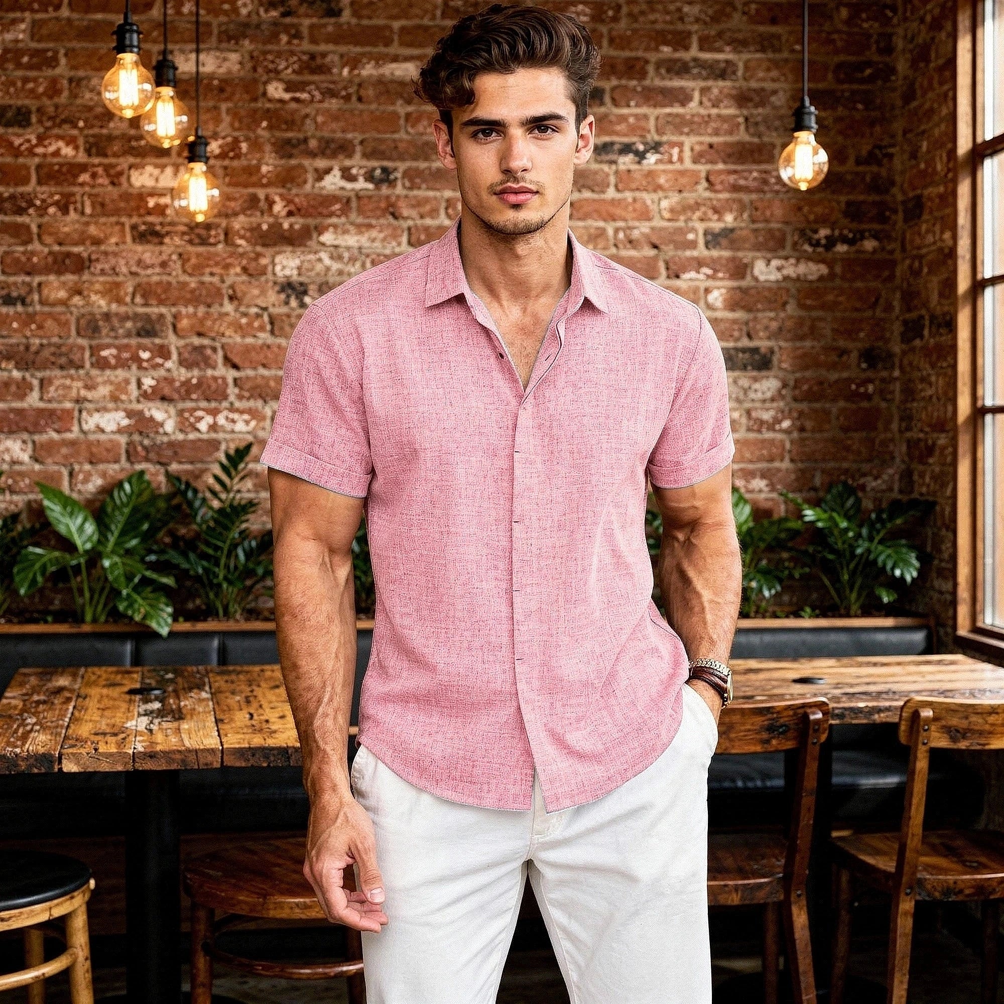 Light blue relaxed fit short sleeve shirt made of breathable cotton, featuring a button down collar and chest pocket, view