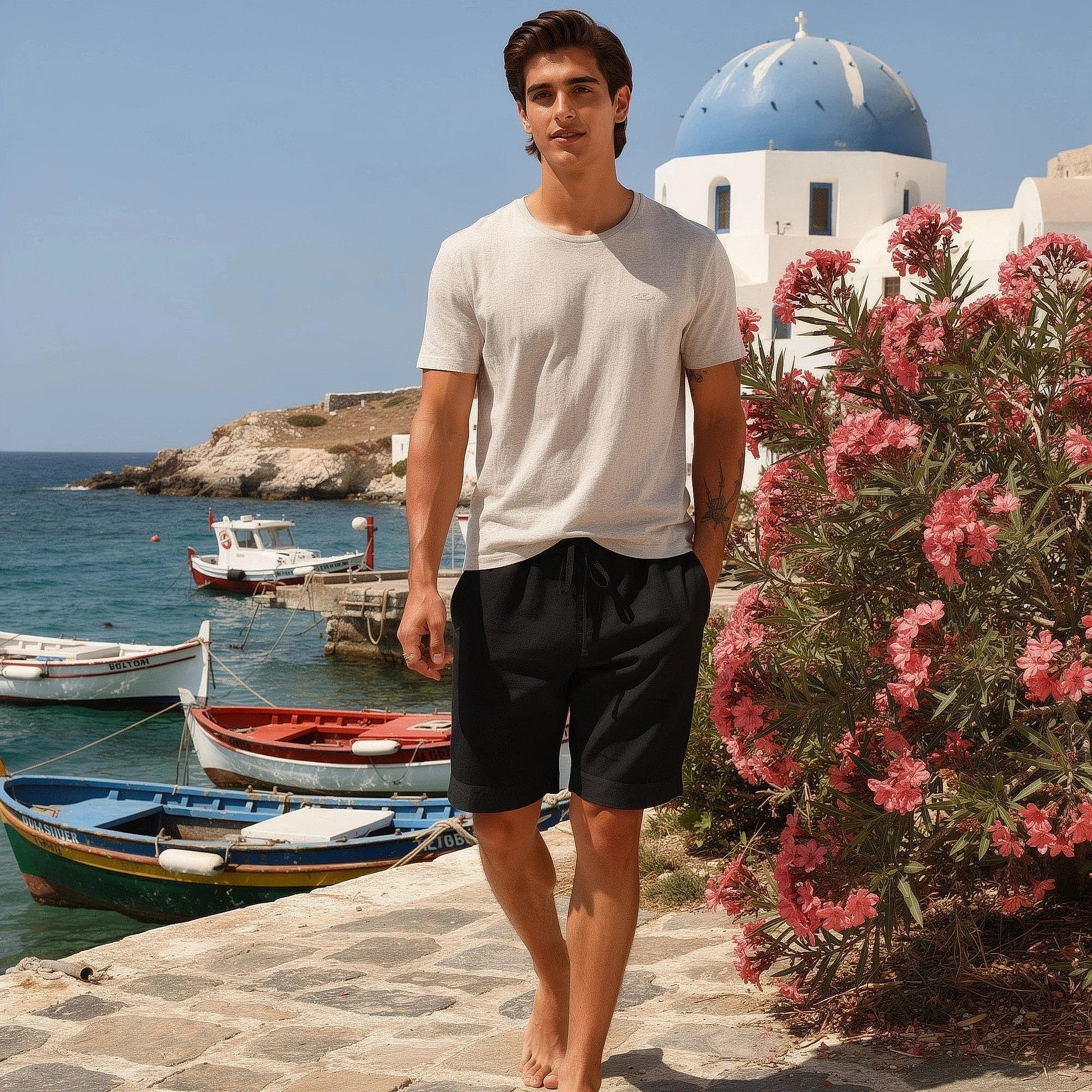 Light beige linen short pants with a breathable fabric, featuring pockets and a relaxed fit, view