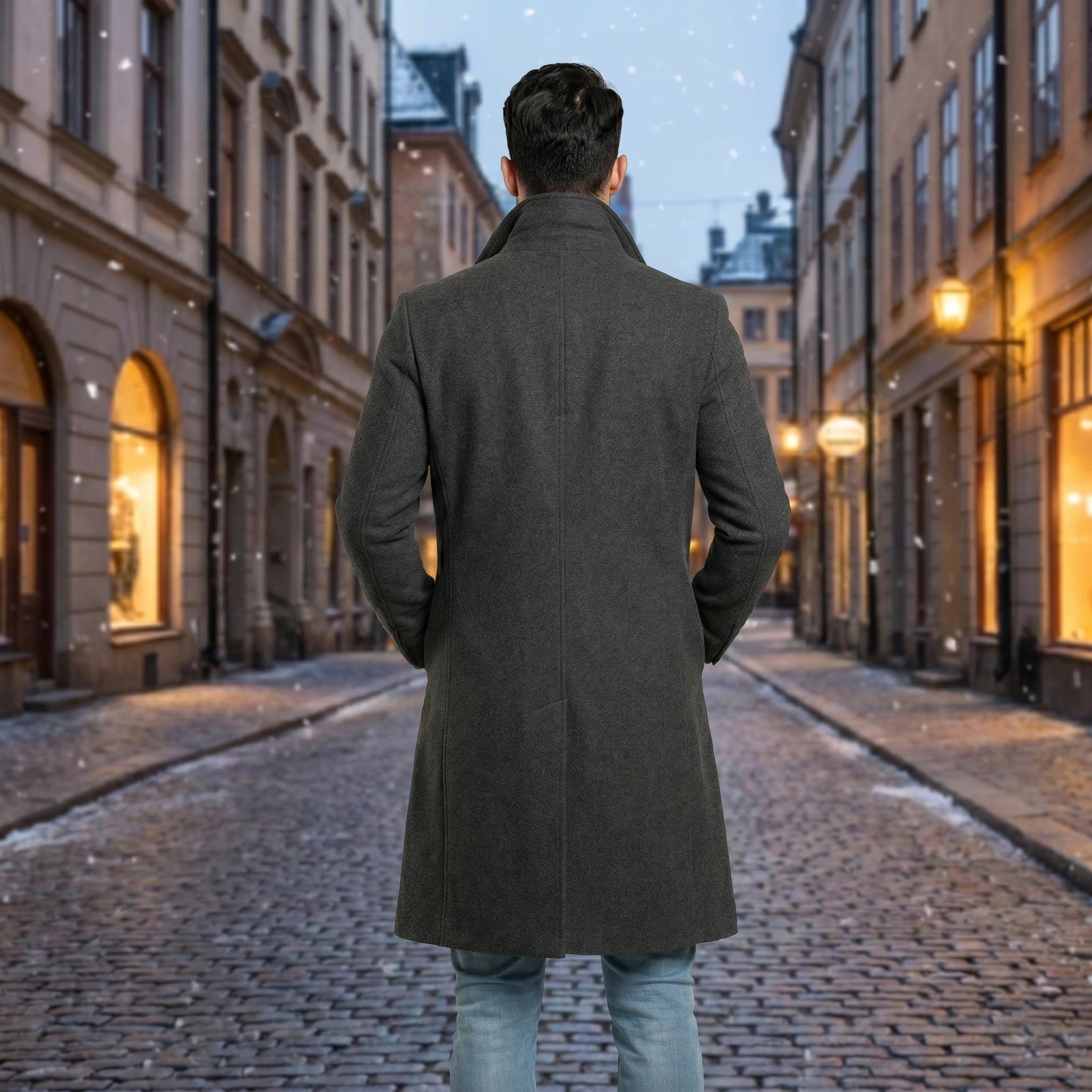 Back view of a model showing the mens sophisticated classic winter overcoat in a rich charcoal color, showing its tailored construction and silhouette against a neutral backdrop.
