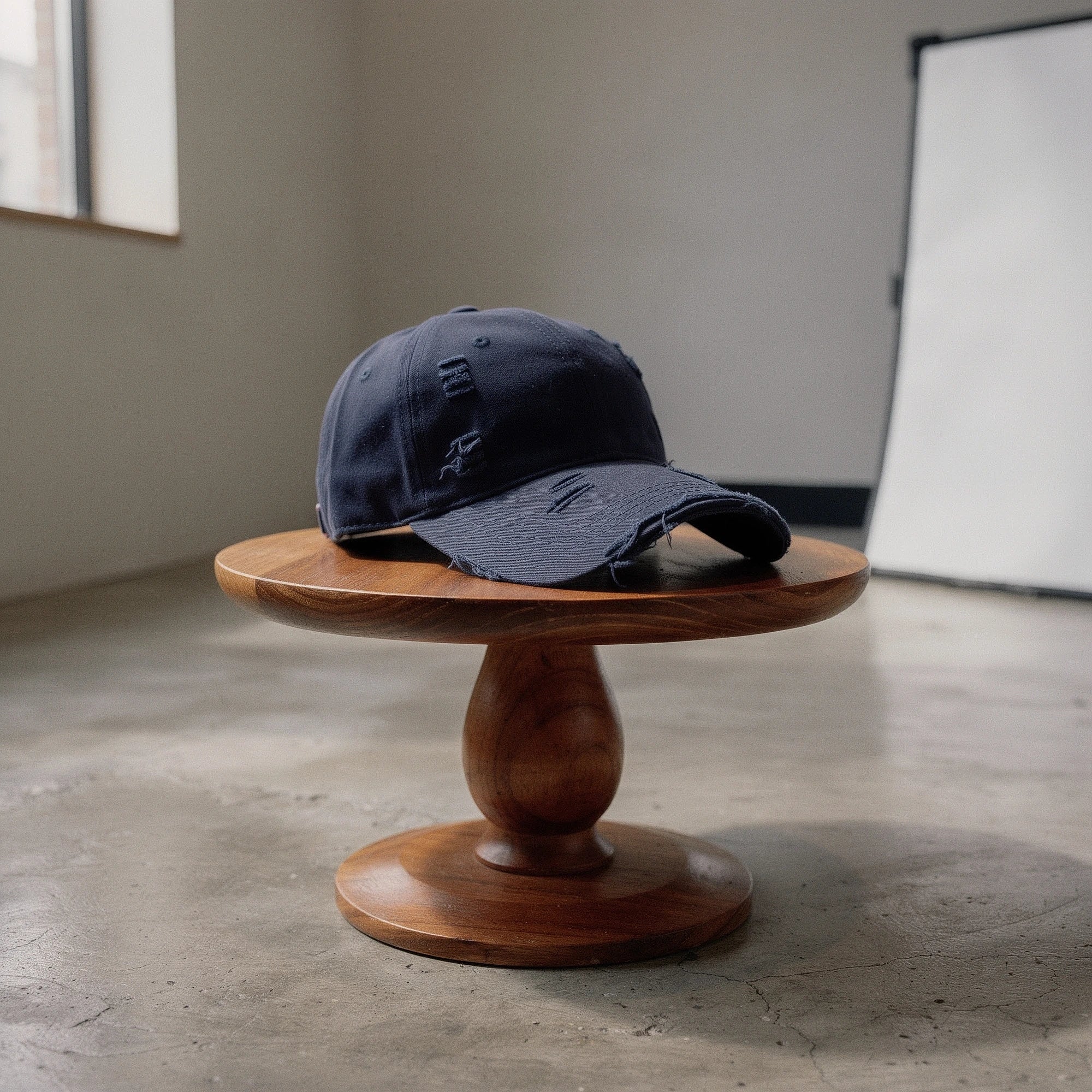 Distressed light blue baseball cap made of cotton, featuring a curved brim and adjustable strap, view
