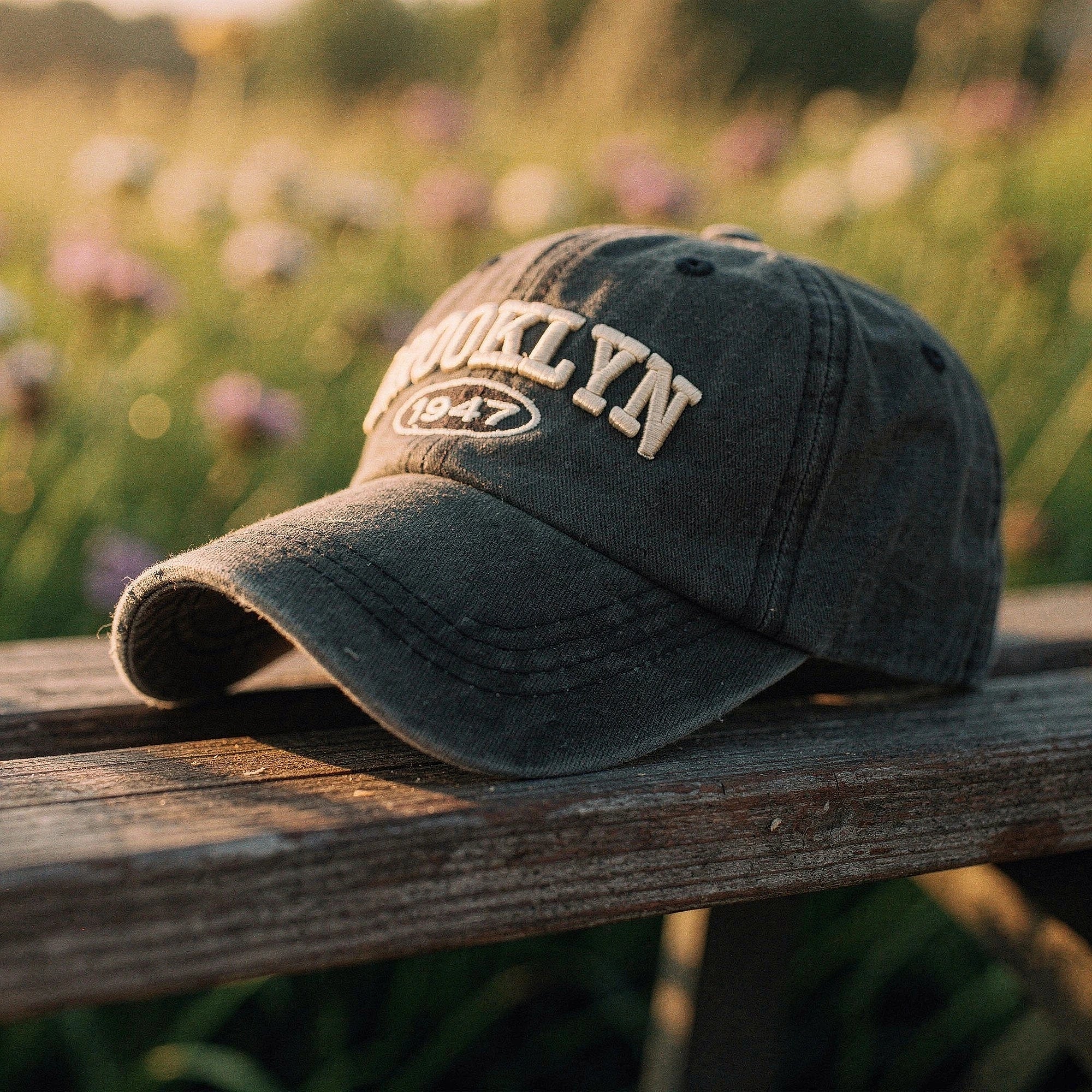 View of a navy blue cap featuring intricate white embroidery, showcasing a casual chic design and soft fabric