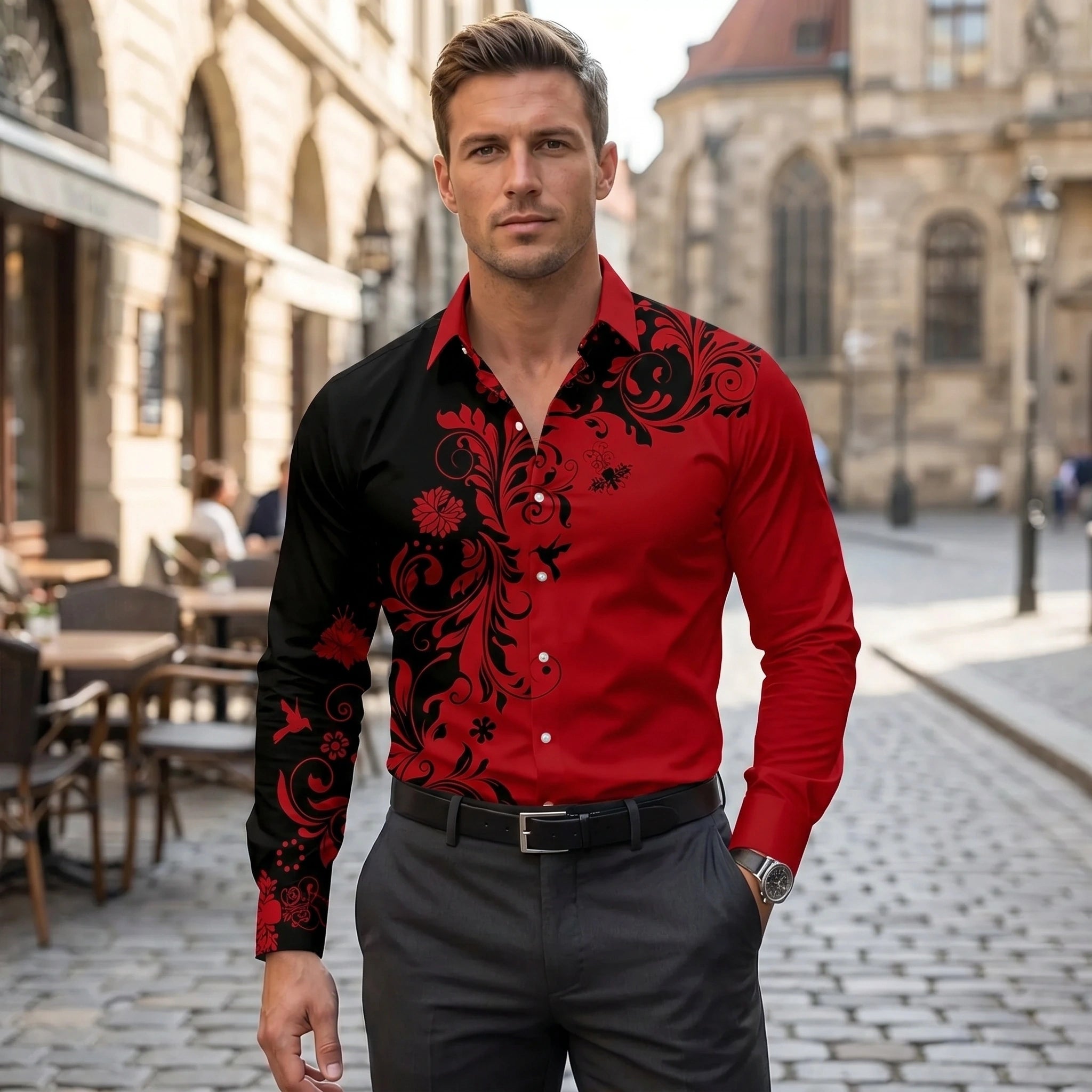 Close up view showing the soft fabric and precise stitching of the vibrant casual spring shirt, showing its quality and design.