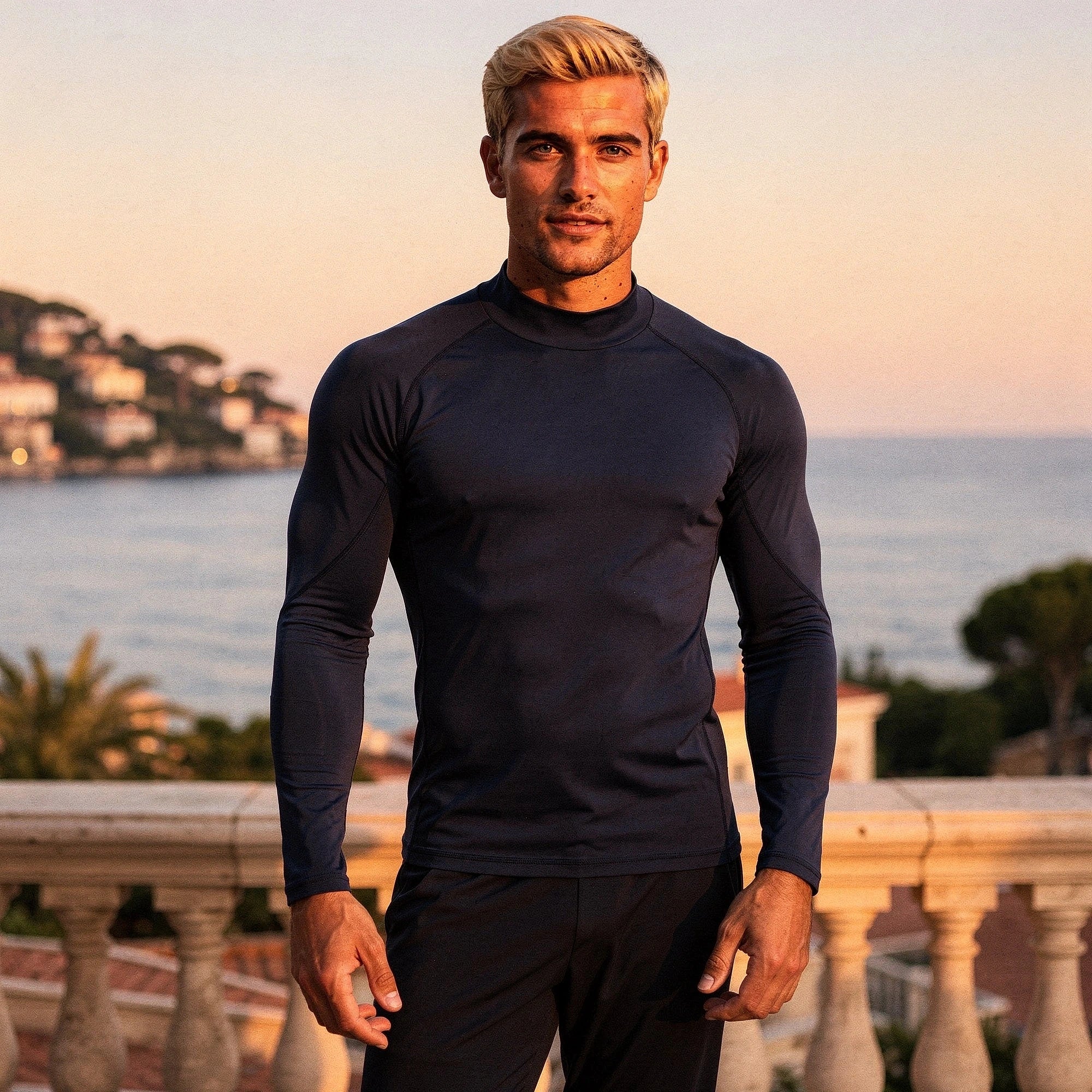 View of a black fleece backed compression winter tee, showcasing the soft material and fitted design