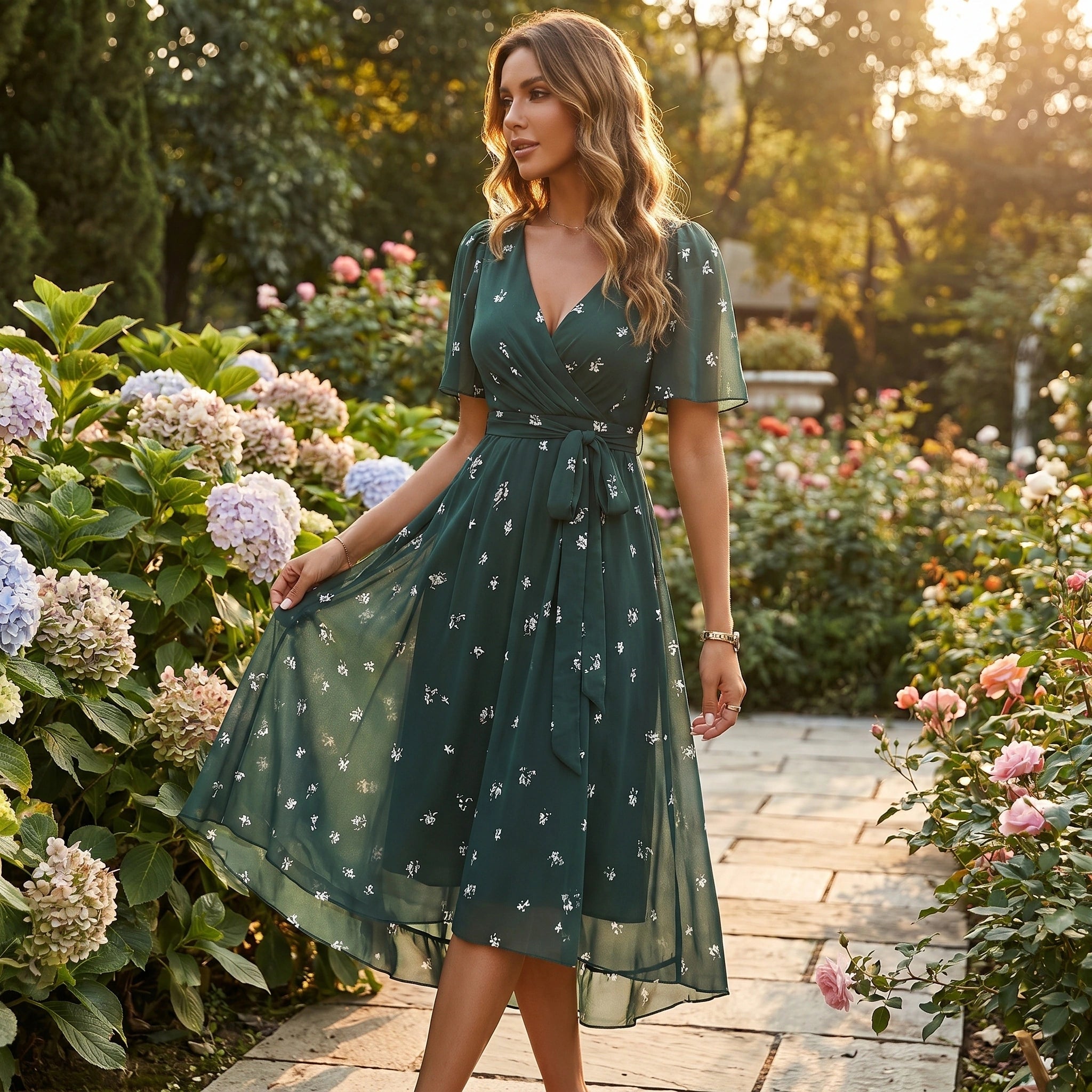 Close up view of the Womens Flowy Summer Dress showing intricate stitching and soft fabric texture, perfect for garden parties and brunches.