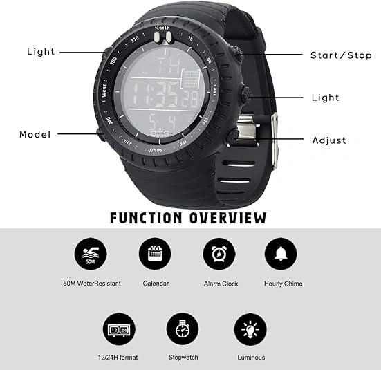 View of a robust digital waterproof watch featuring a black silicone strap, round face, and illuminated display