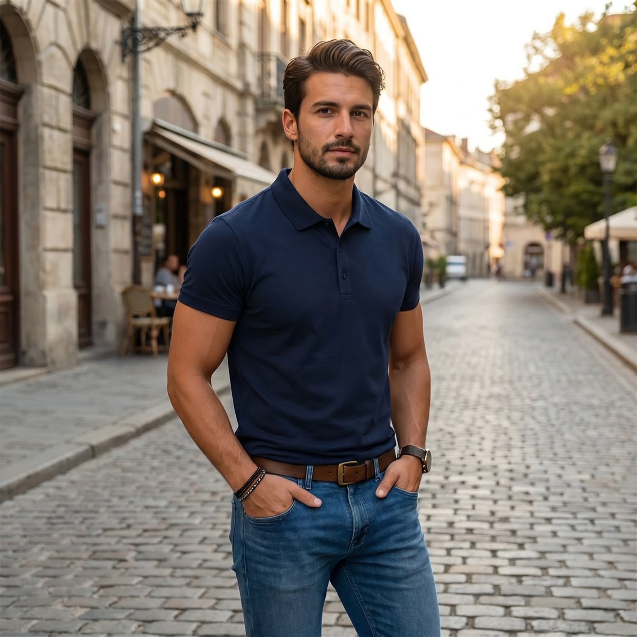 Close up view of the Mens Classic Comfortable Summer Polo Tee showing the soft fabric texture and detailed stitching in a colorful, perfect for summer outings.