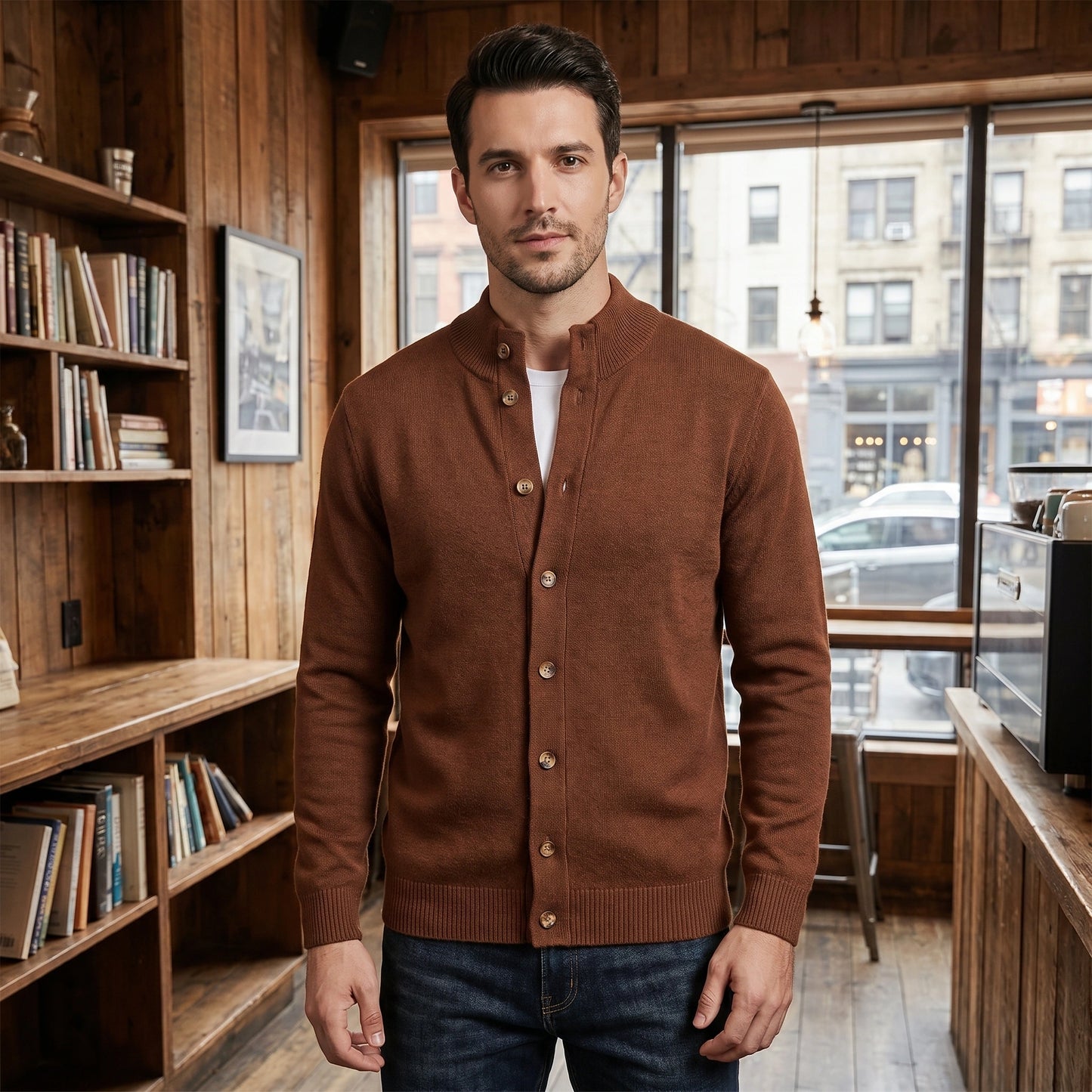 Close up view of the men's button down ribbed knit sweater showing fine stitching and rich fabric texture against a neutral background.