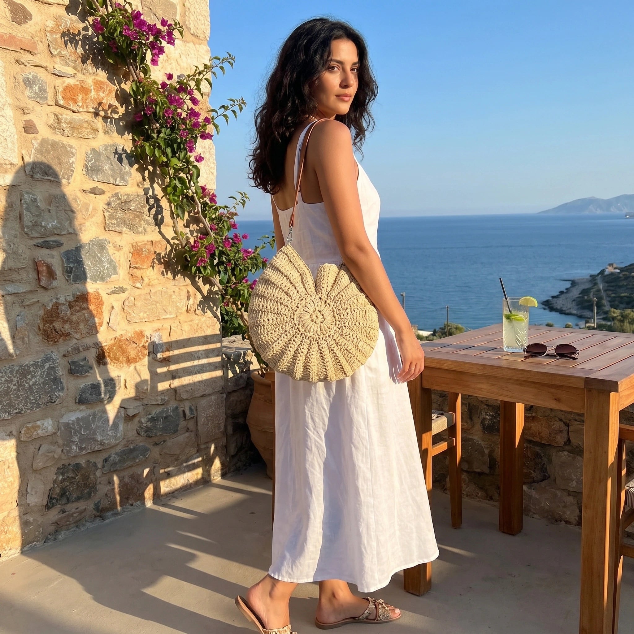 A model showcases the Womens Charming Textured Summer Bag in a outfit showing a light colored high waisted skirt and a matching top against a vibrant outdoor backdrop.