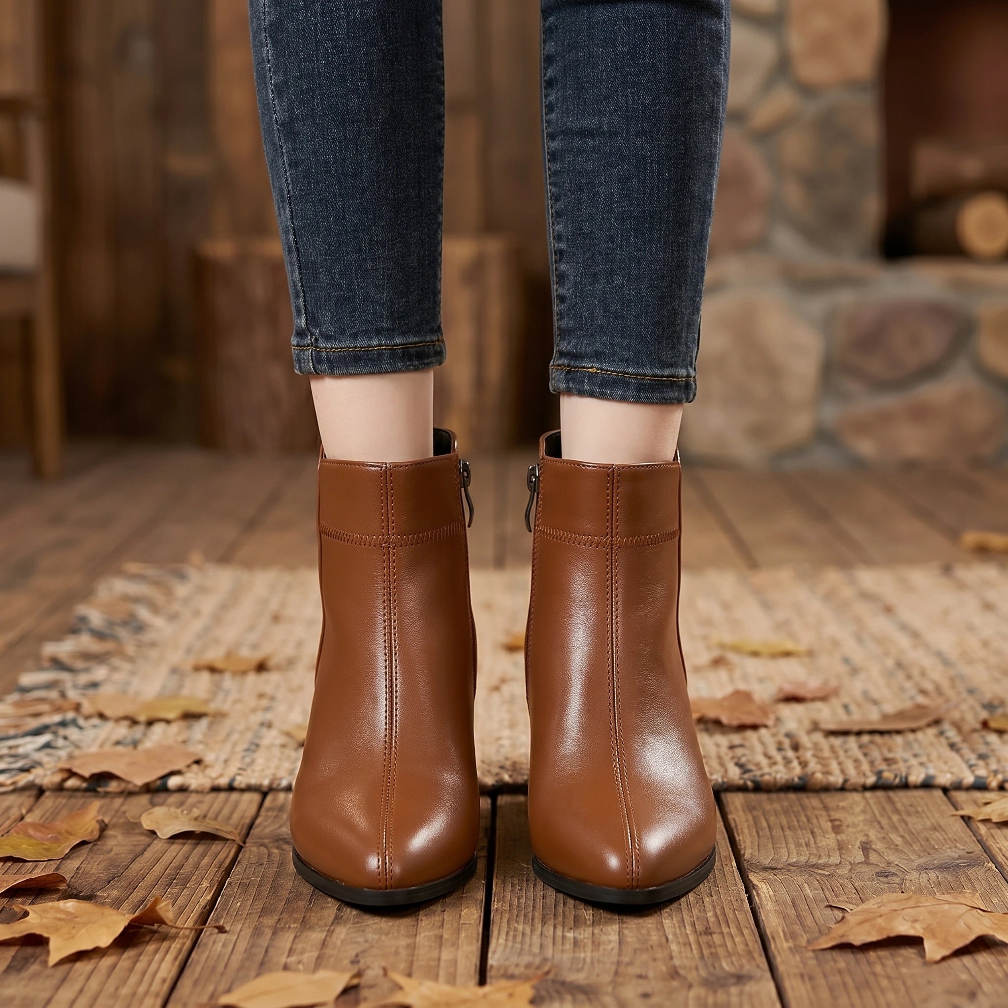 Close up of the Womens Sleek Ankle Boots showing the smooth black leather, precise stitching, and silhouette, perfect for versatile styling.