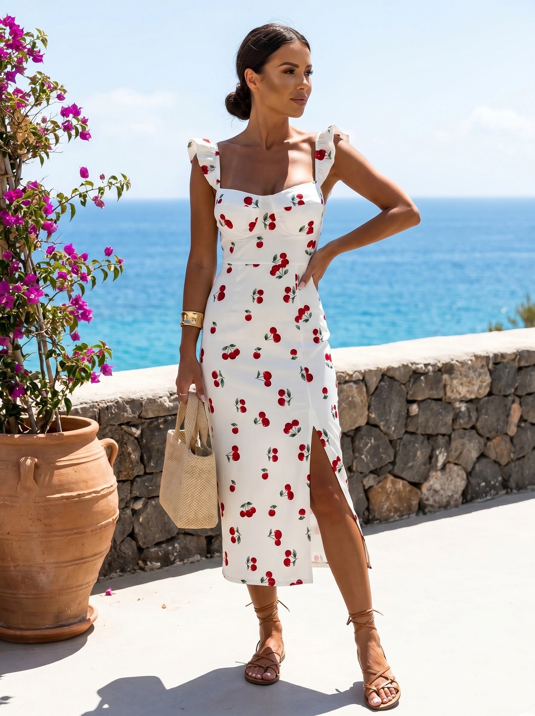Close up view of the Womens Charming Floral Midi Dress showing intricate floral patterns, delicate stitching, and lightweight fabric perfect for summer gatherings.