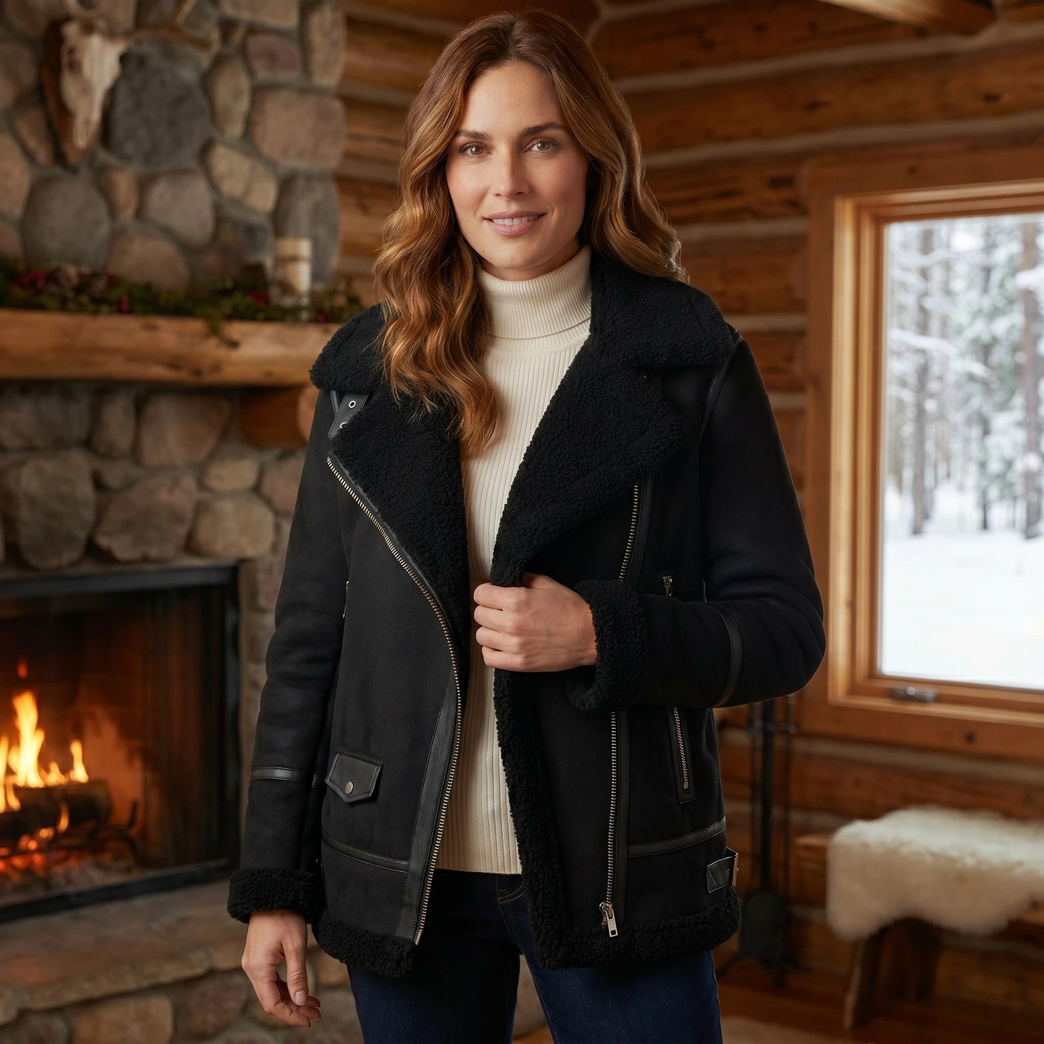 A model showcases a women's cozy winter jacket in a classic aviator silhouette, paired with high waisted jeans against a neutral backdrop.