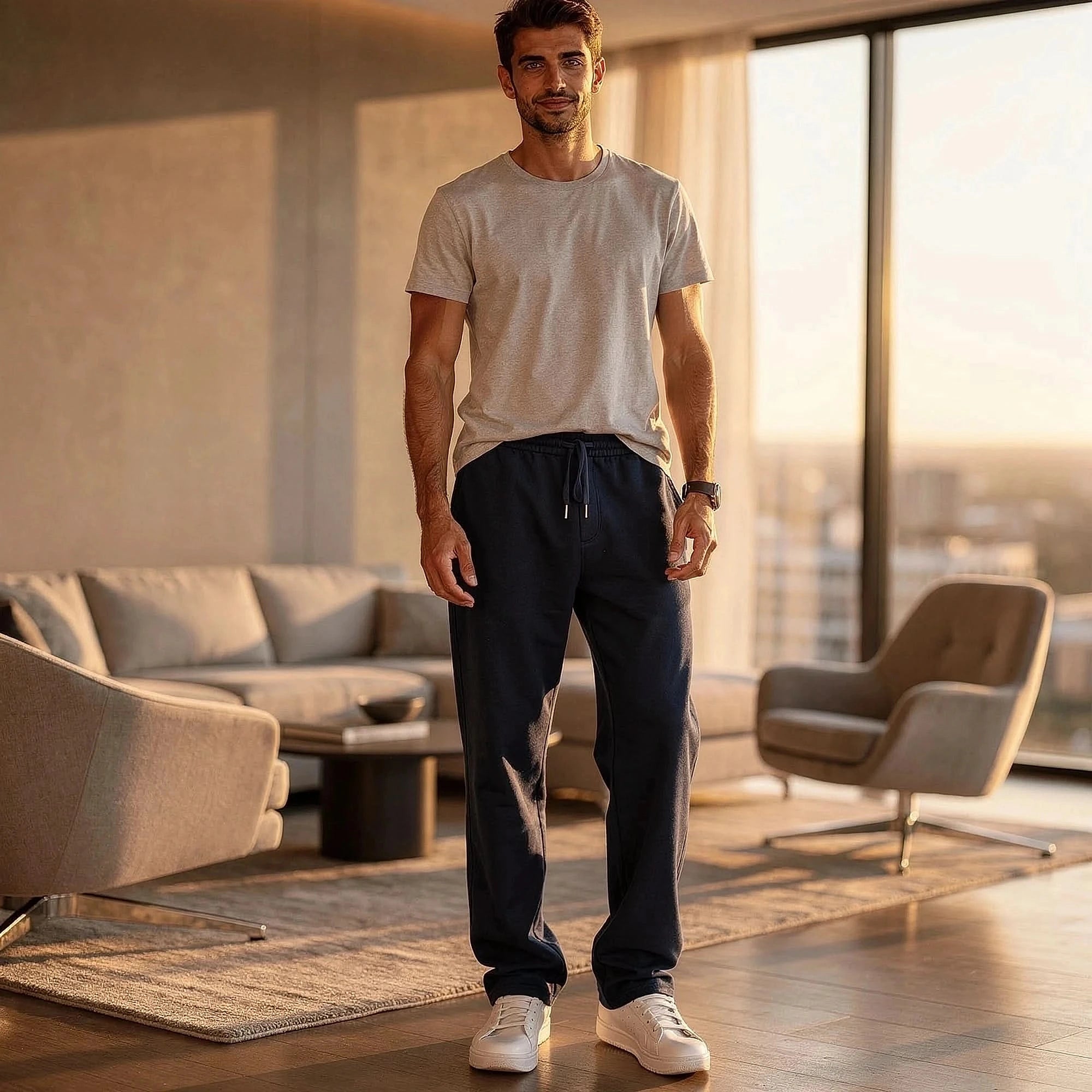 Light gray relaxed casual pants made from soft cotton, featuring an elastic waistband and pockets, view
