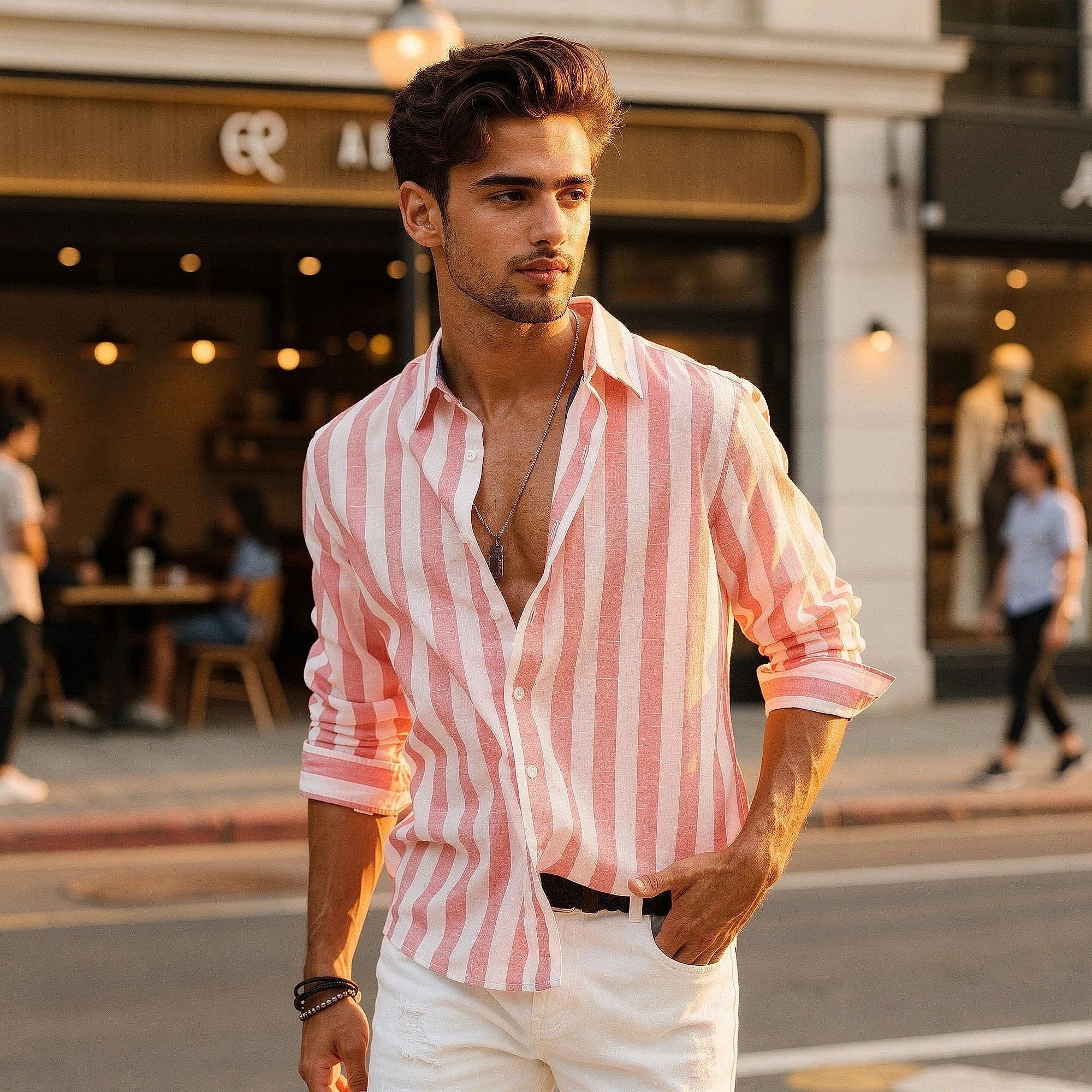 View of a relaxed fit short sleeve shirt featuring horizontal stripes in light blue and white, made