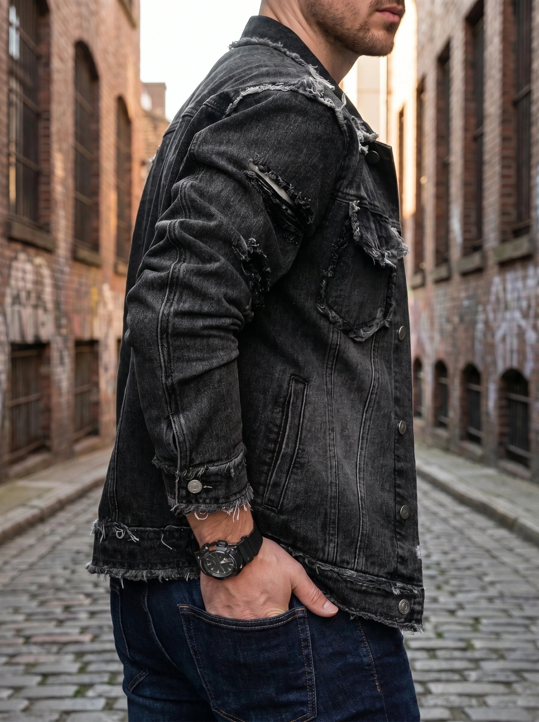 Close up of the men's casual sturdy relaxed denim jacket showing the rich blue fabric, precise stitching, and design elements for everyday wear.